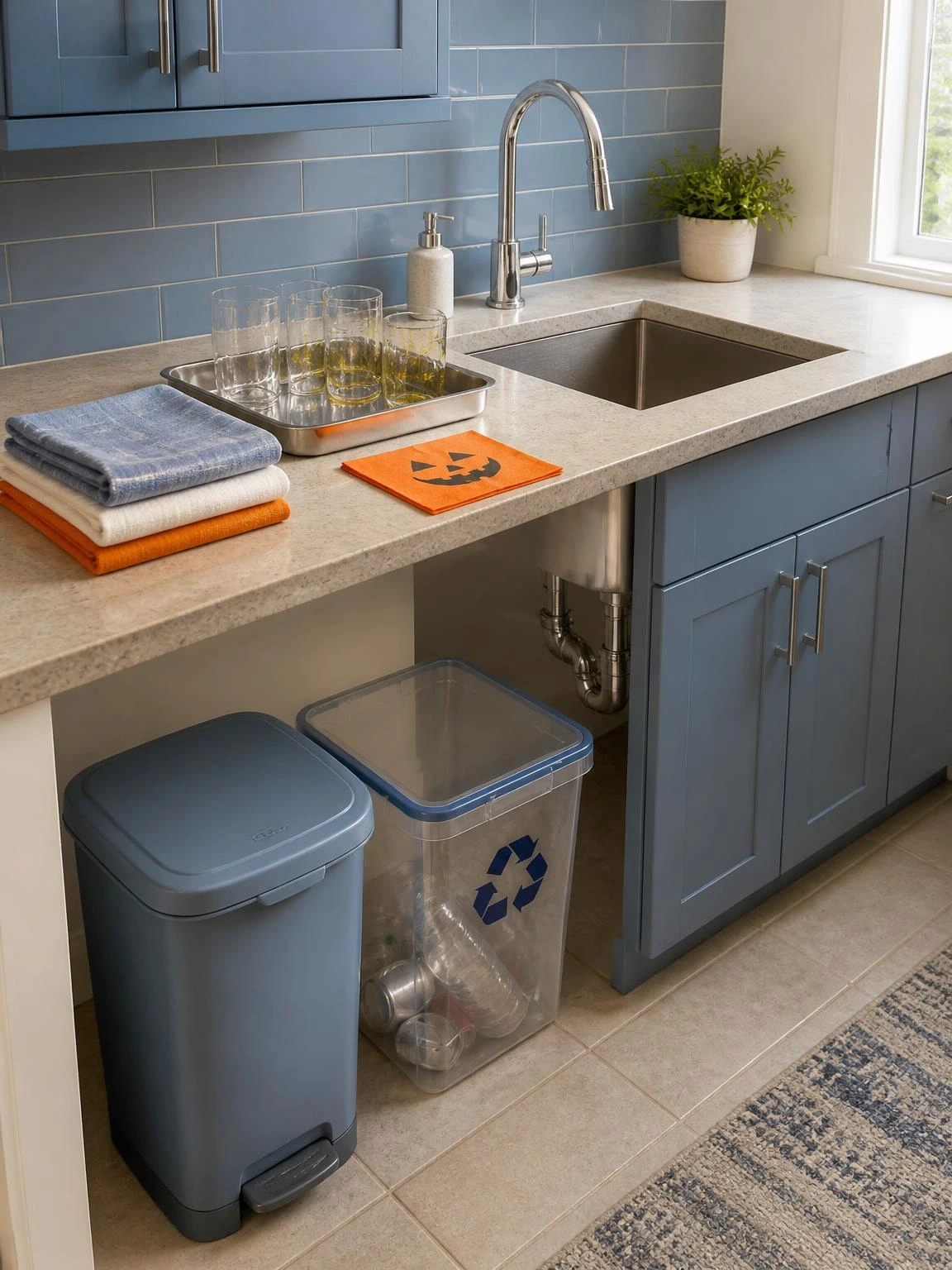 Halloween party cleanup station with soft-blue waste and clear recycling bins, cloths, and used glasses beside a kitchen sink