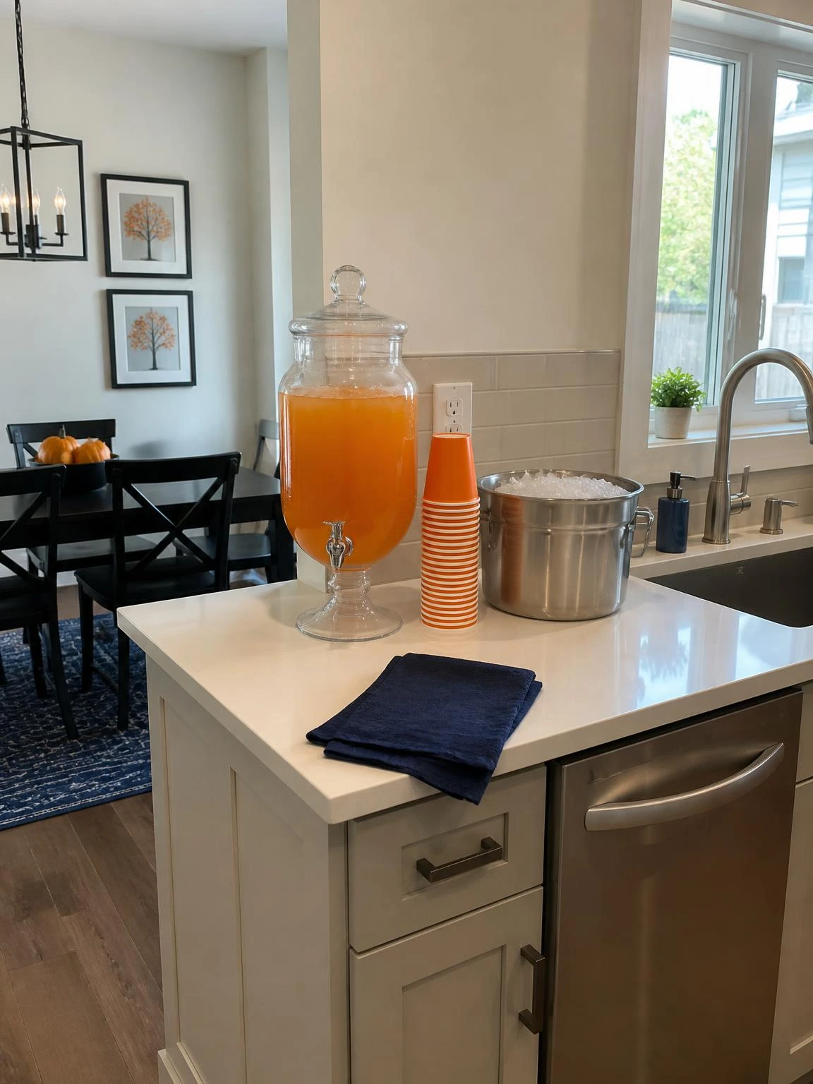 Halloween party drink station with orange punch, cups, ice tub, and towel arranged neatly on a kitchen counter for easy guest service