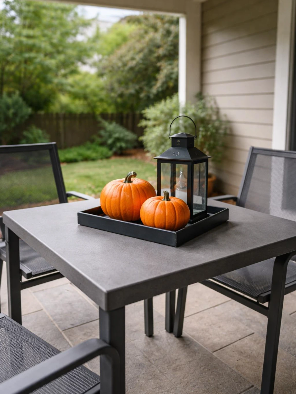 Halloween patio table decor with two orange pumpkins and a dark green lantern secured in a black tray