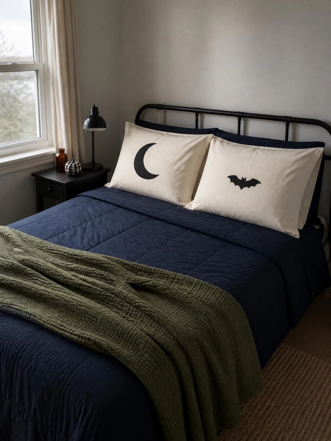 DIY Halloween pillowcase covers with black crescent and bat shapes on ivory fabric, styled on a navy bed in a compact bedroom