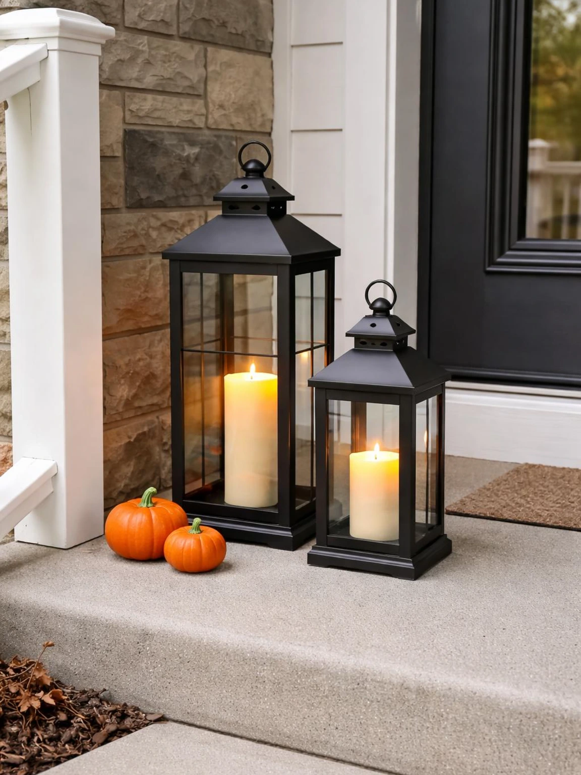 Halloween porch lantern display with two black metal lanterns, amber LED candles, and orange pumpkins beside a concrete entry step