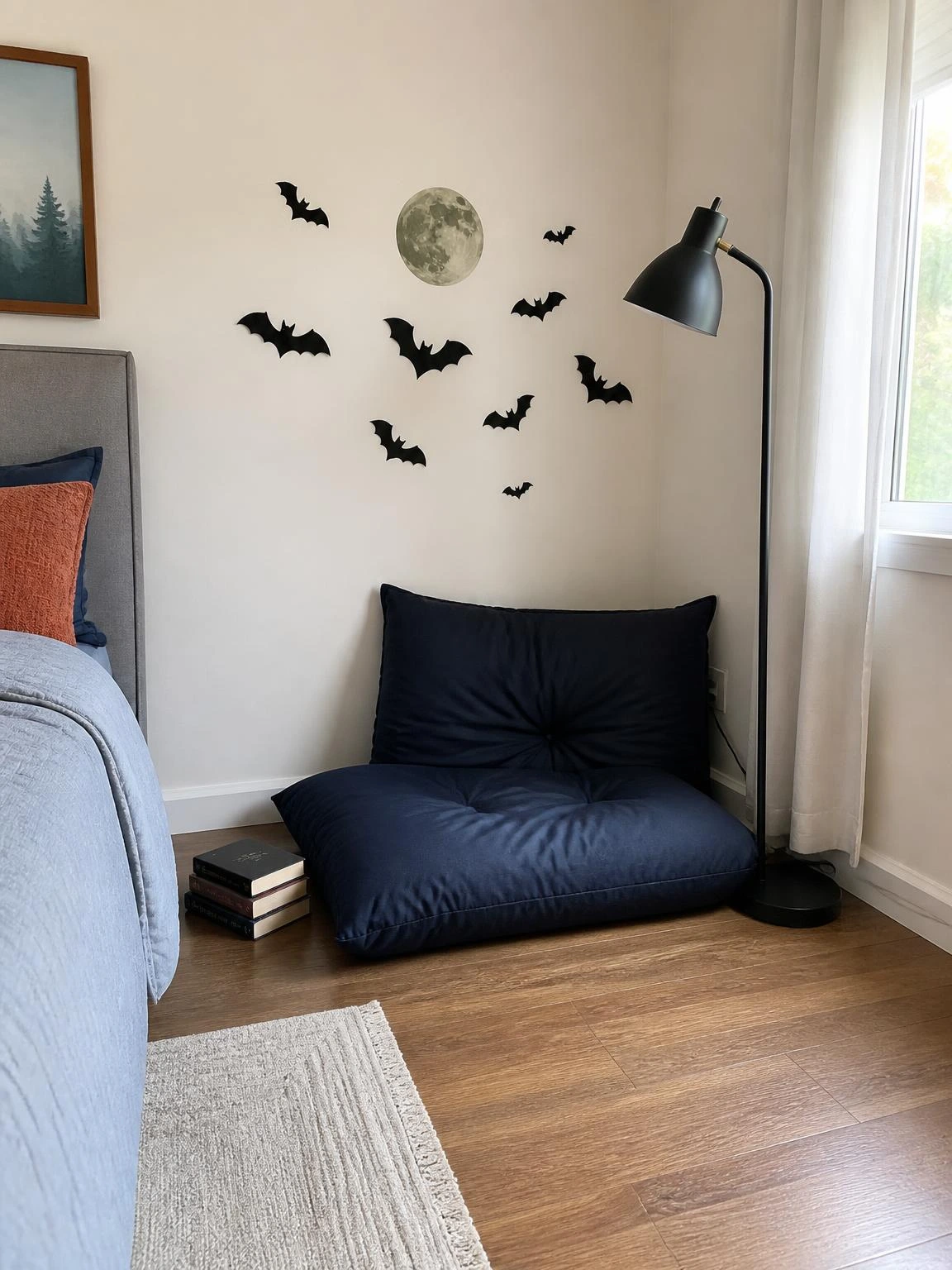 Budget Halloween reading nook with a navy cushion, paper bats, muted-green moon, lamp, and books in a compact bedroom corner