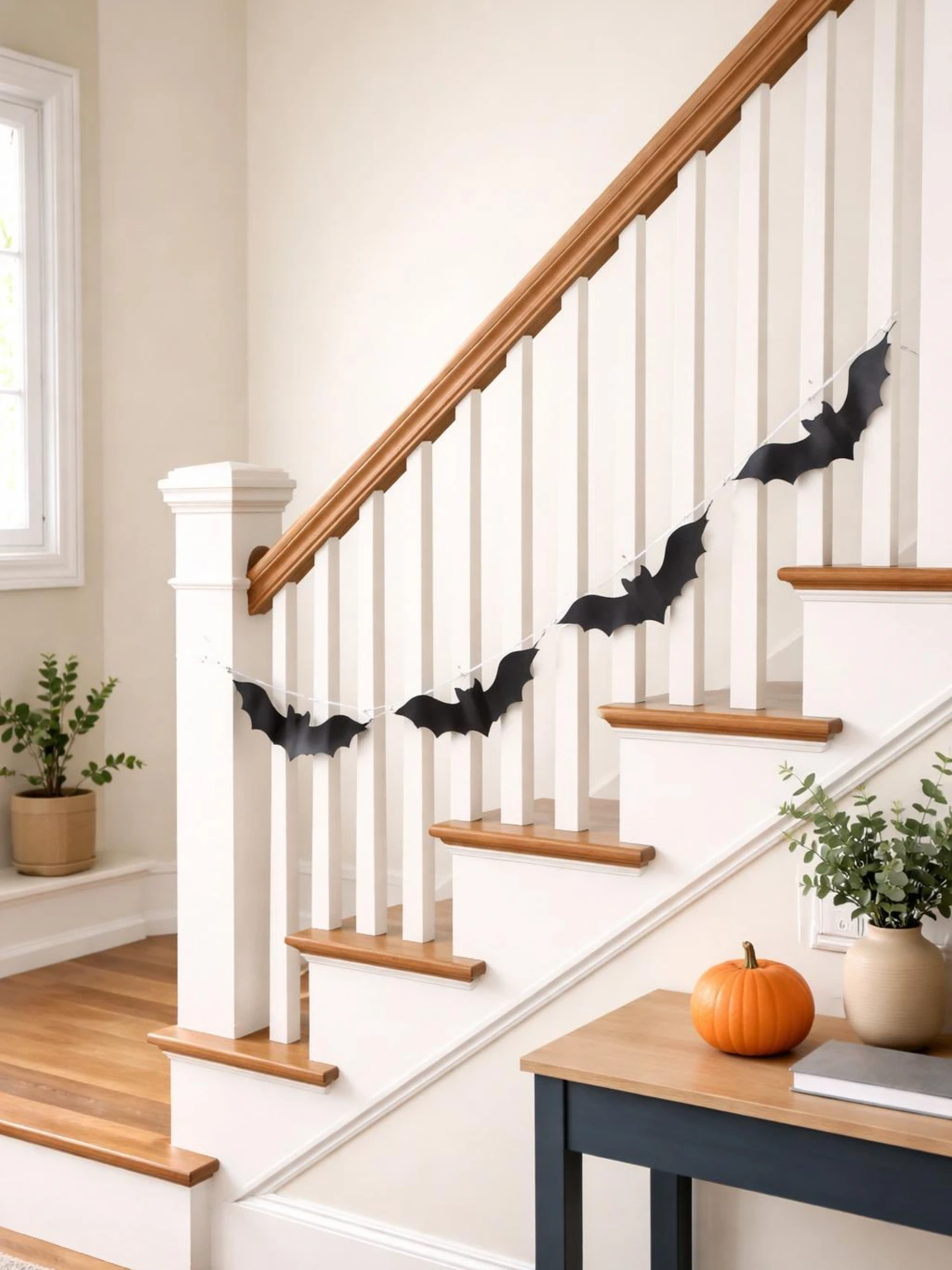 Halloween stair railing bat garland clipped along a clear painted rail in a bright warm-white hallway, with safe stairs and a small orange pumpkin