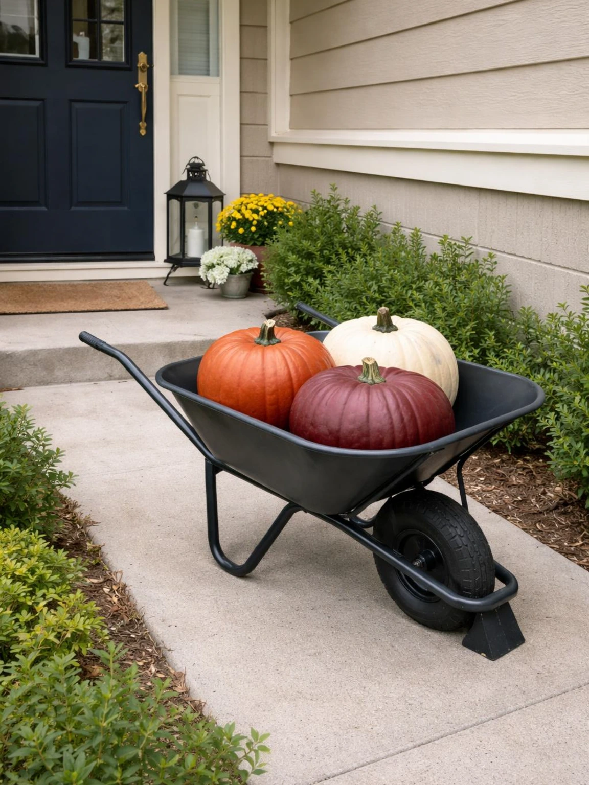 Charcoal wheelbarrow with three painted pumpkins beside a porch, an attainable halloween decorations outdoor diy display