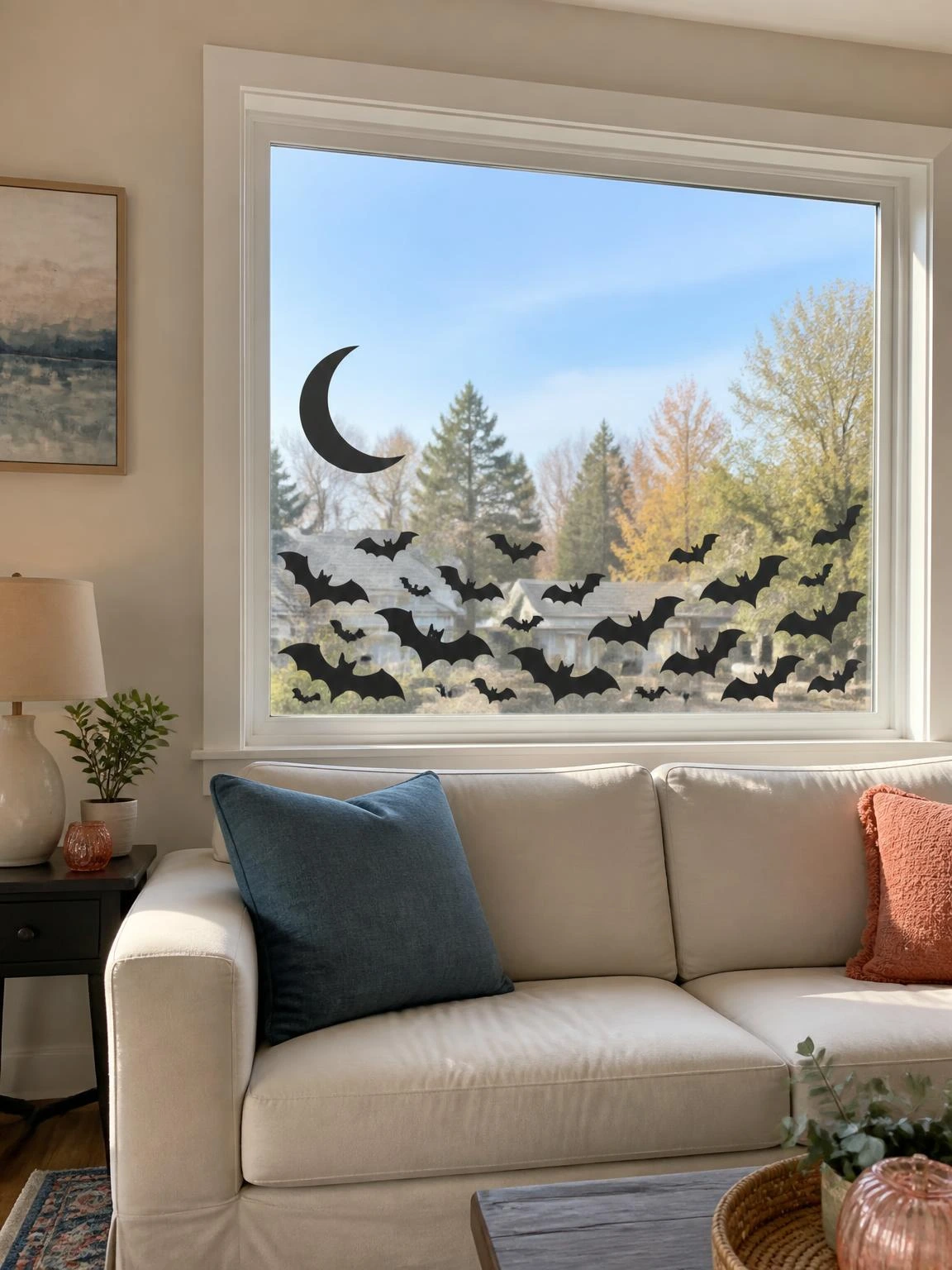 Halloween window silhouettes of black bats and a crescent moon decorate lower glass above a cream sofa, leaving daylight unobstructed