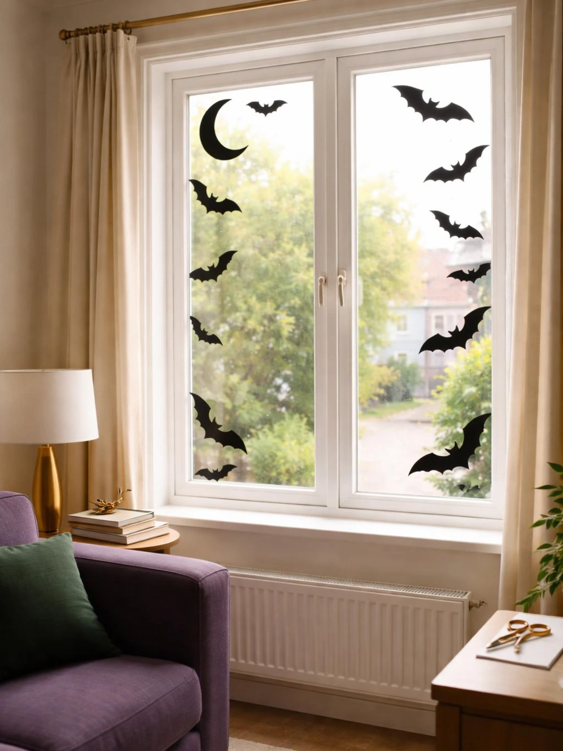 Halloween window silhouettes of black bats and a crescent moon frame an ivory front-room window while daylight stays bright.