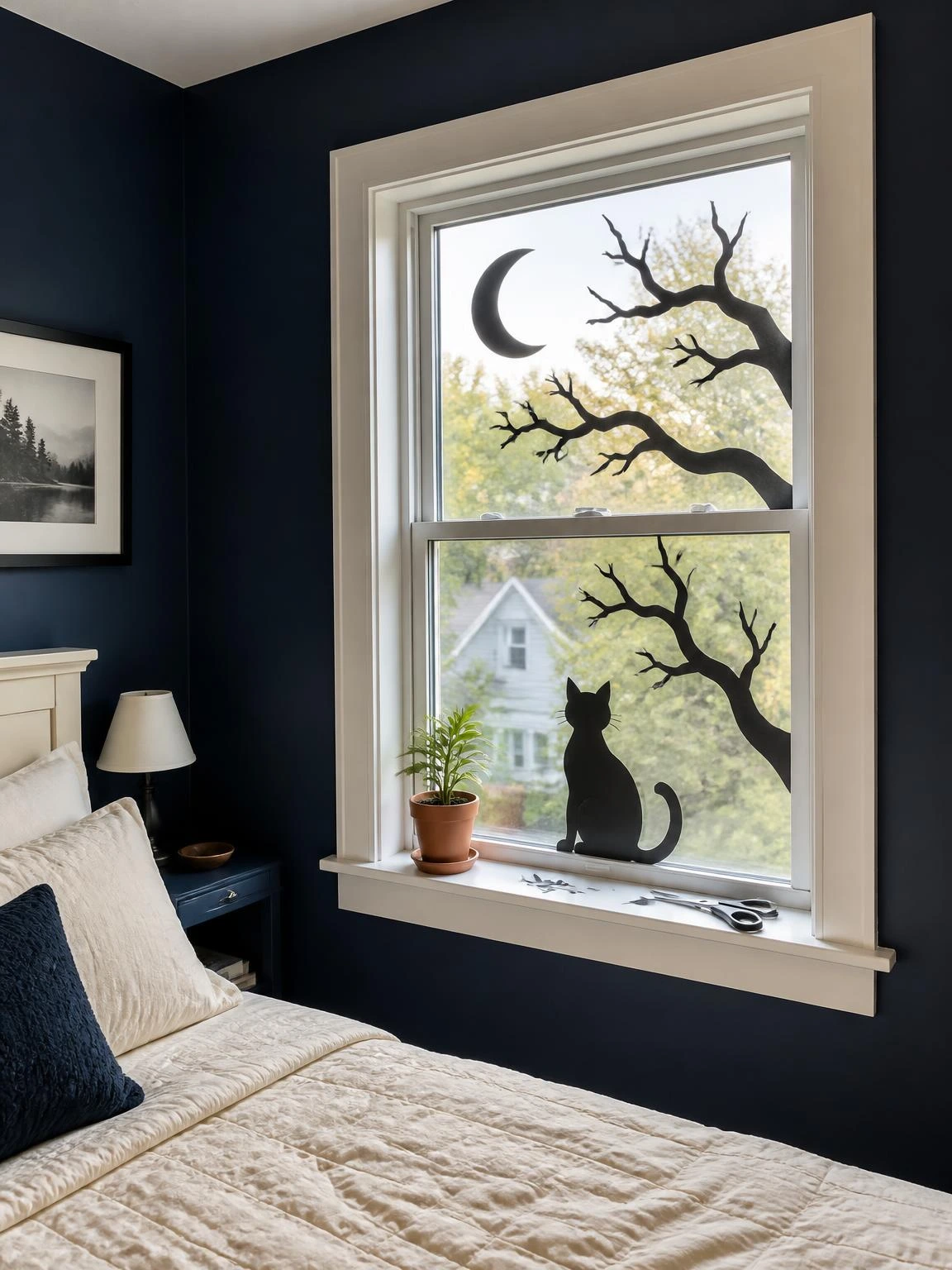 Black cat, crescent moon, and crooked branch cutouts decorate a bedroom window in this cheap DIY Halloween bedroom decor idea