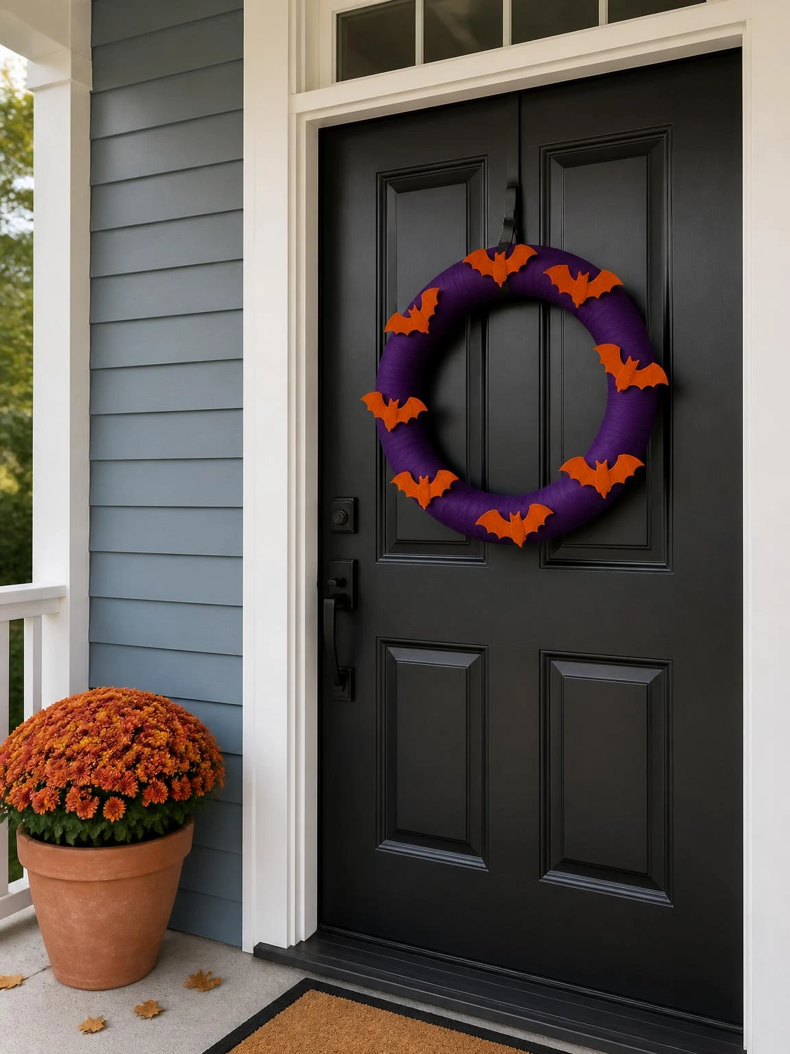 DIY Halloween crafts wreath on a modern porch door, wrapped in deep purple fabric with pumpkin-orange felt bats around the edge