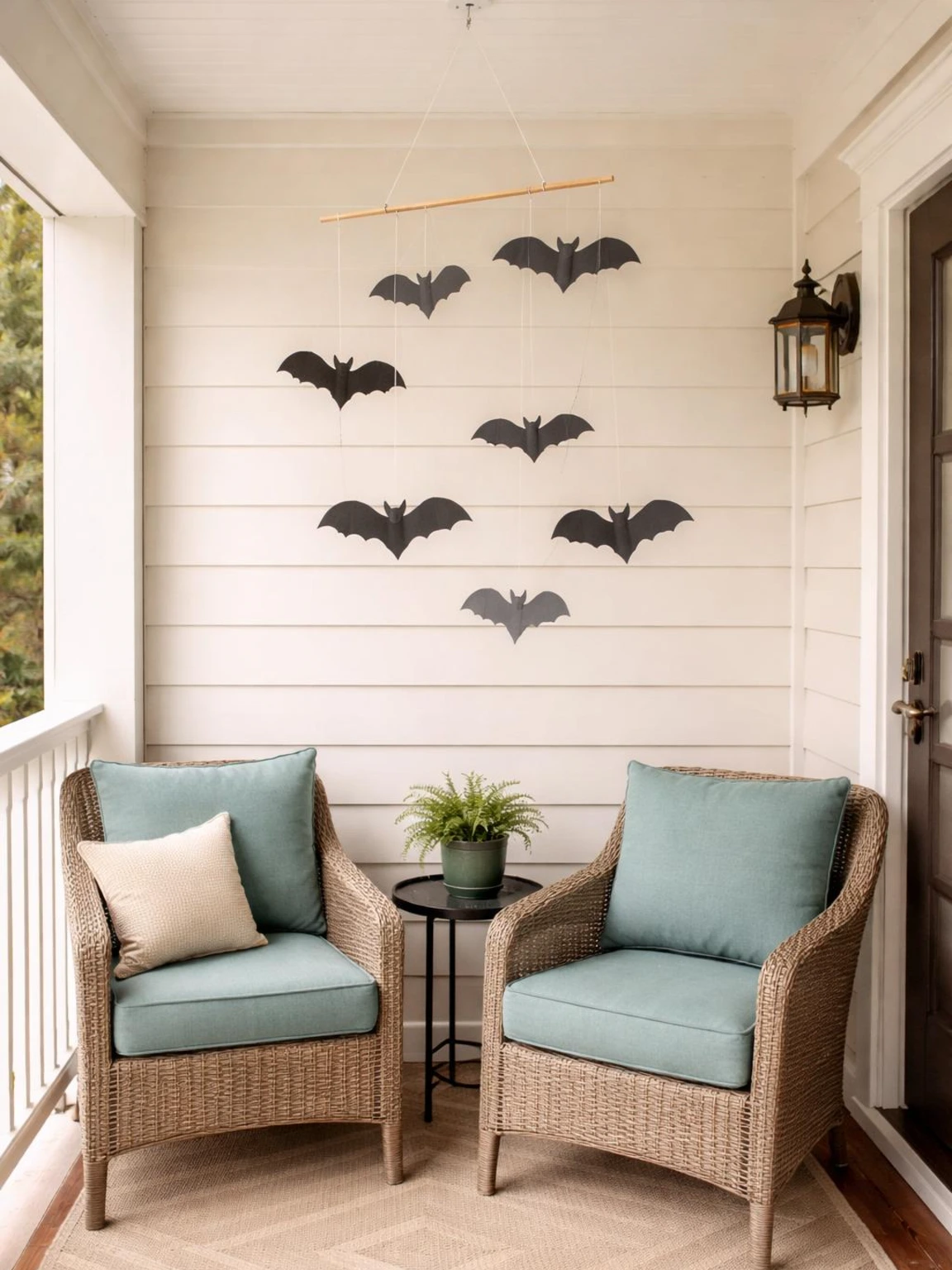 DIY outdoor bat mobile with charcoal cardstock bats above a teal-cushioned porch seating corner, safely hung under cover