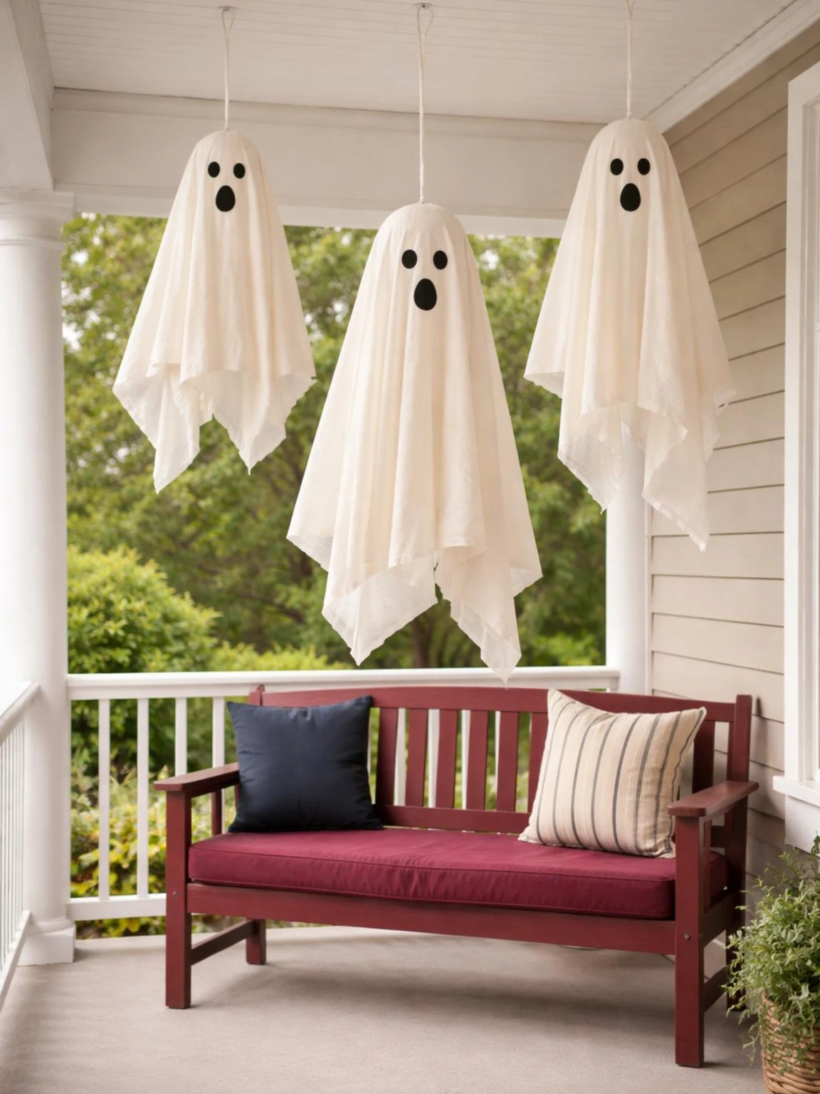 Three ivory fabric ghosts hang at varied heights over a burgundy bench, illustrating attainable Halloween decorations outdoor DIY for a porch.