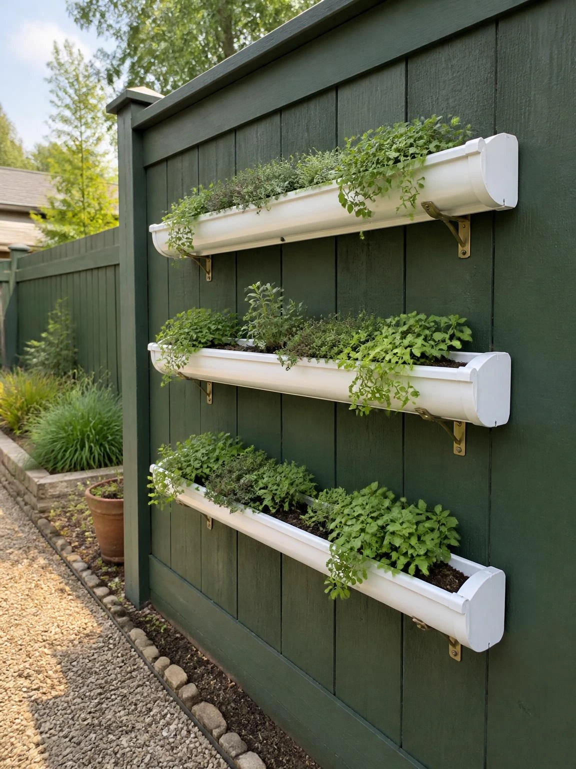 Three white rain gutters form a stepped herb planter on a forest-green fence, showcasing a practical DIY garden project with drainage.