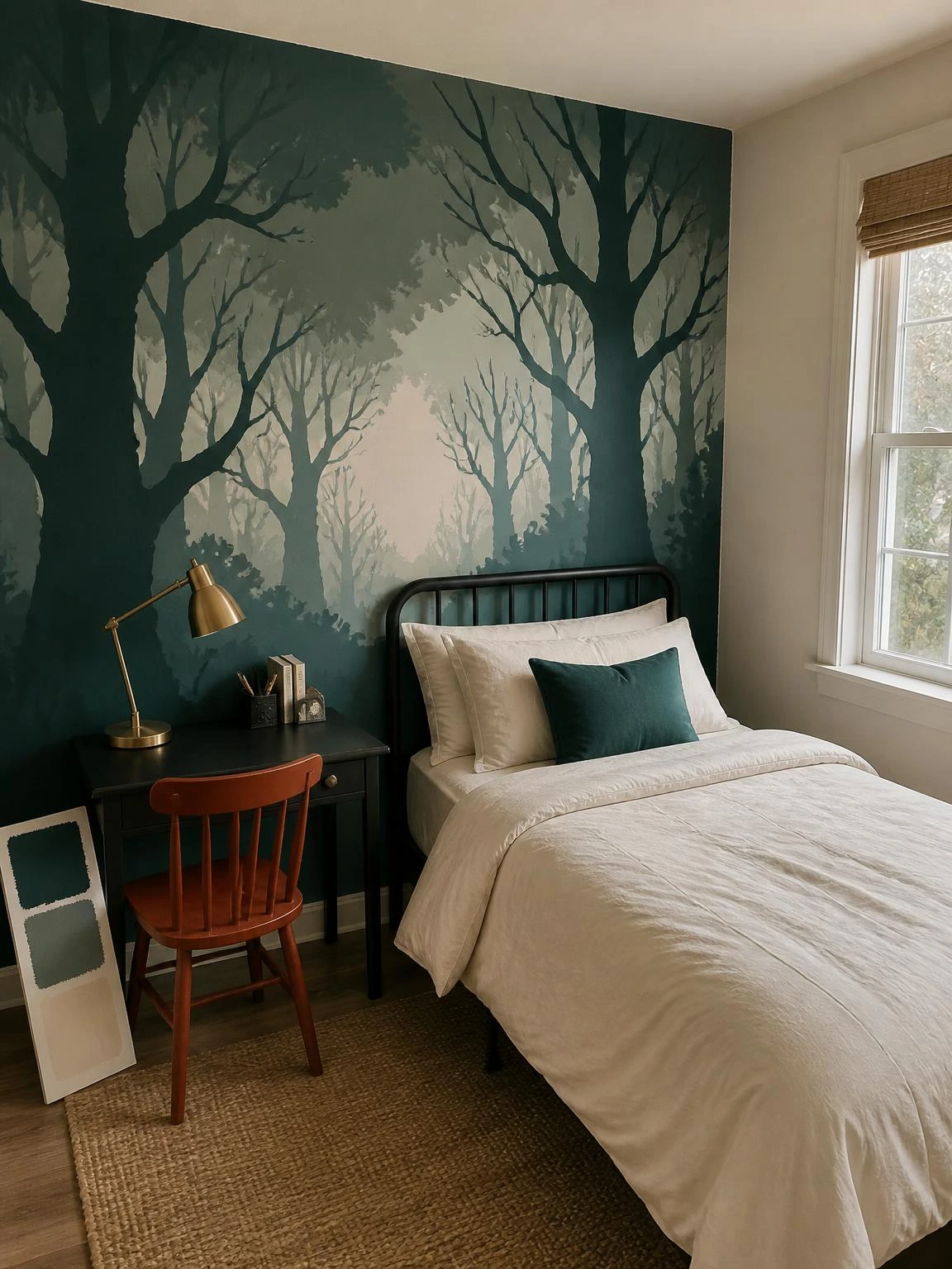 Muted haunted forest mural behind a twin bed anchors this Halloween aesthetic bedroom decor with teal, ivory, and rust accents.