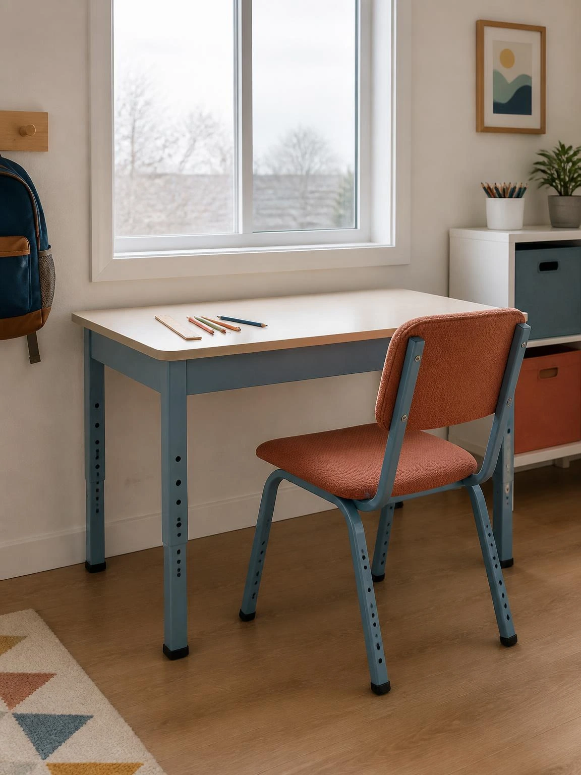 Dusty blue height-adjustable study table for kids set at mid-height with pin holes visible, paired with a terracotta chair in a tidy compact study corner