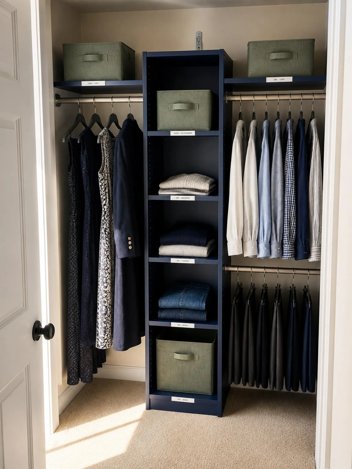 Reach-in closet split into his-and-hers zones by a navy modular divider, with double-hang rods, labeled shelves, and muted green bins for couple room decor