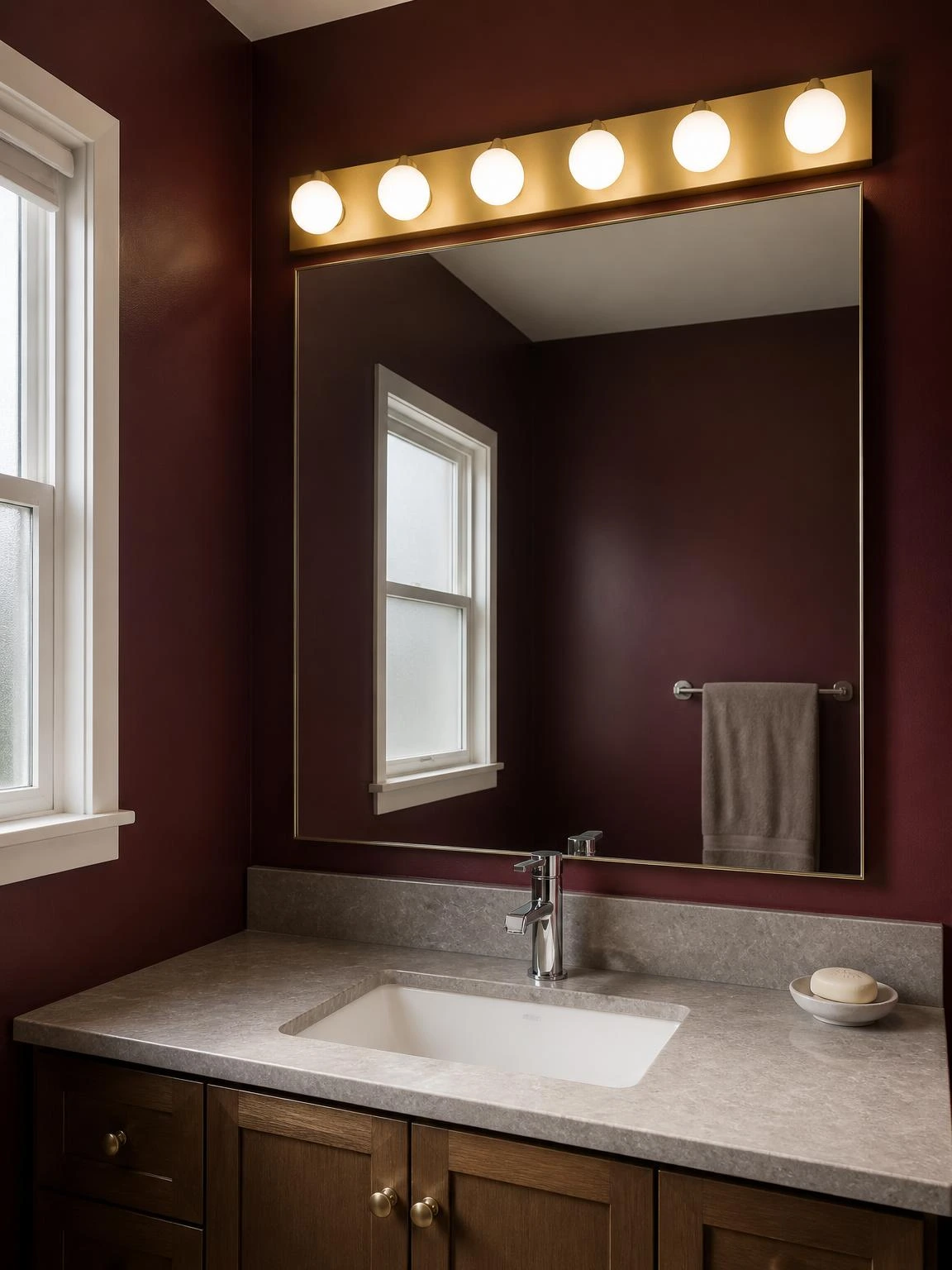 Brushed-brass Hollywood vanity light bar with six frosted globe bulbs mounted above a large bathroom mirror, casting even warm-white glow across deep burgundy walls