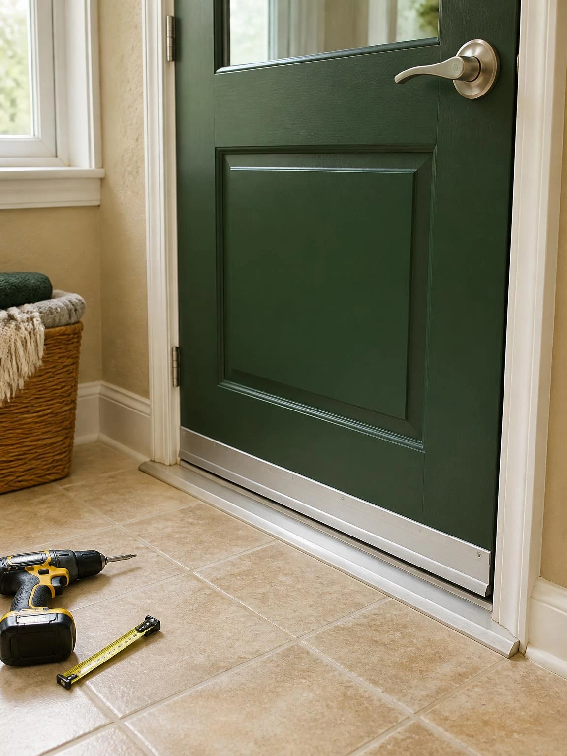 Satin nickel aluminum door sweep installed across the bottom of a forest green exterior door, rubber fin flush against the beveled threshold to seal out cold air drafts