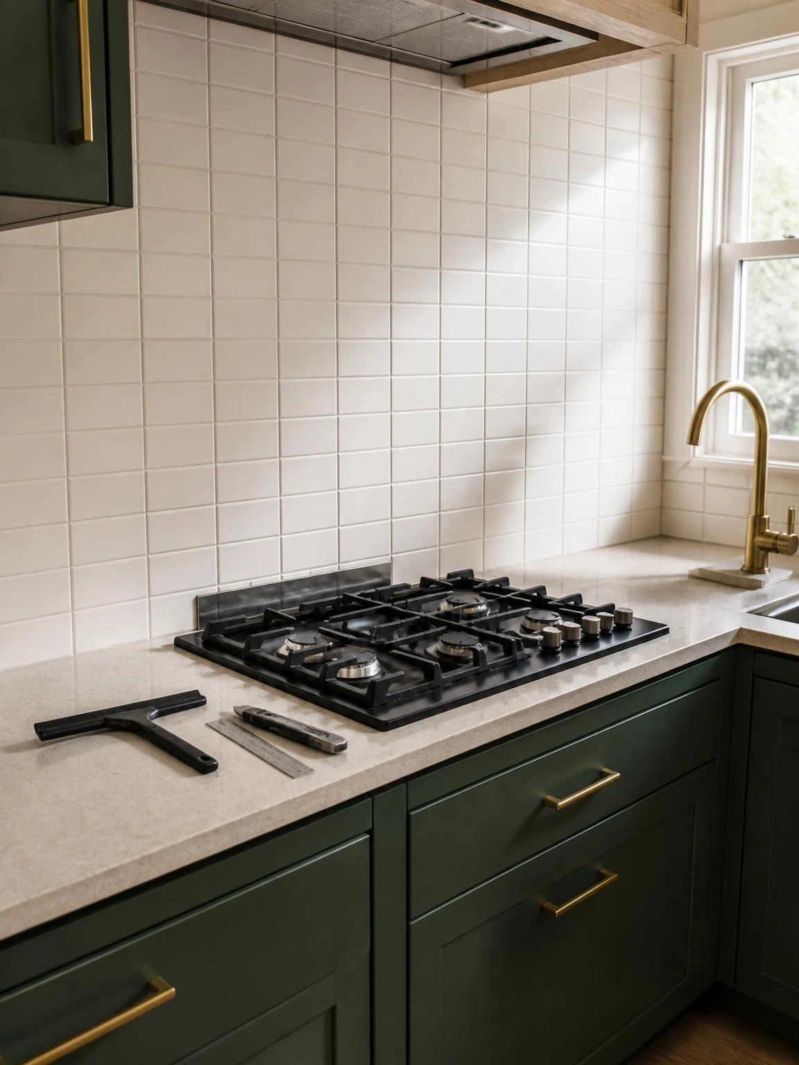 Warm-white peel-and-stick subway tiles freshly installed above a green-cabinet kitchen stovetop, with a squeegee and ruler resting on the quartz counter nearby