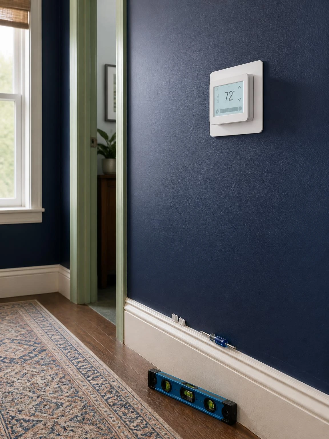 White programmable thermostat mounted flush on navy hallway wall with torpedo level on floor below, mid-installation in a home DIY project