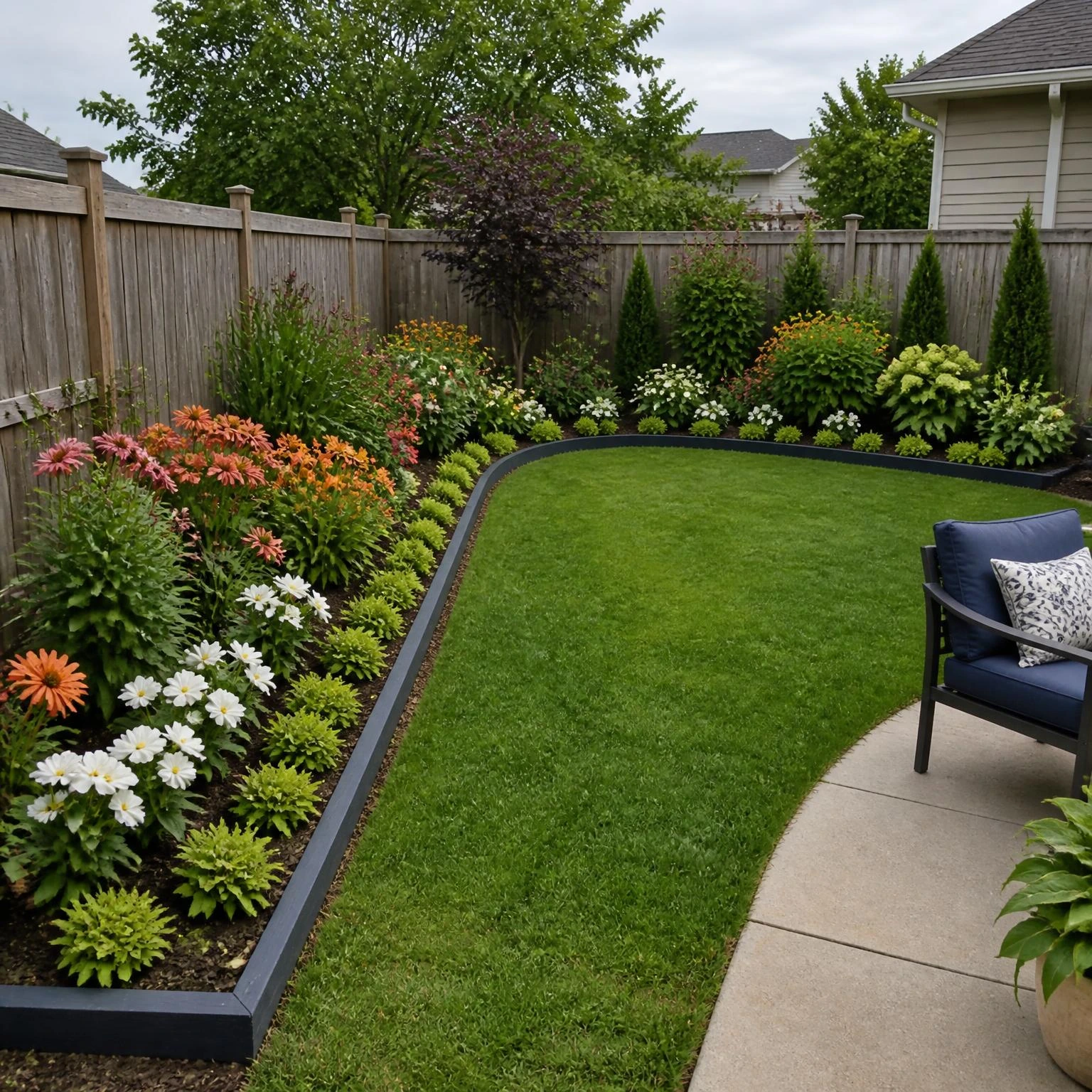 L-shaped border with warm white and terracotta flowers frames a usable lawn in small backyard flower garden ideas