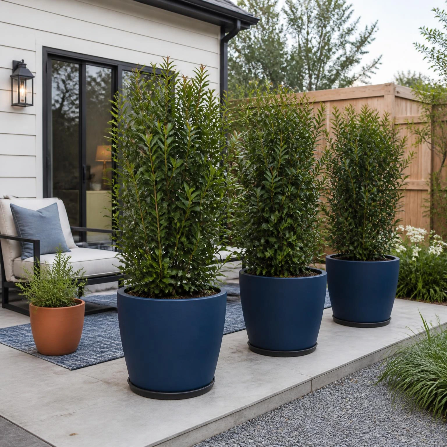 Three large planters create a backyard privacy screen along a compact patio while keeping the door and walkway open