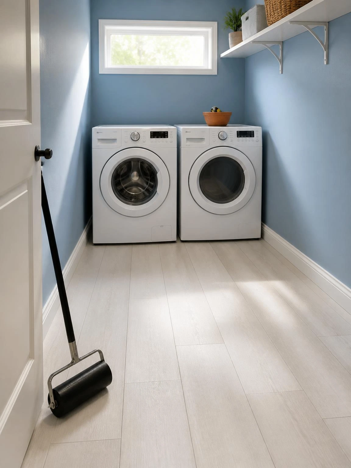 Freshly laid peel-and-stick vinyl plank flooring in a small laundry room with dusty blue walls and white front-load washer and dryer