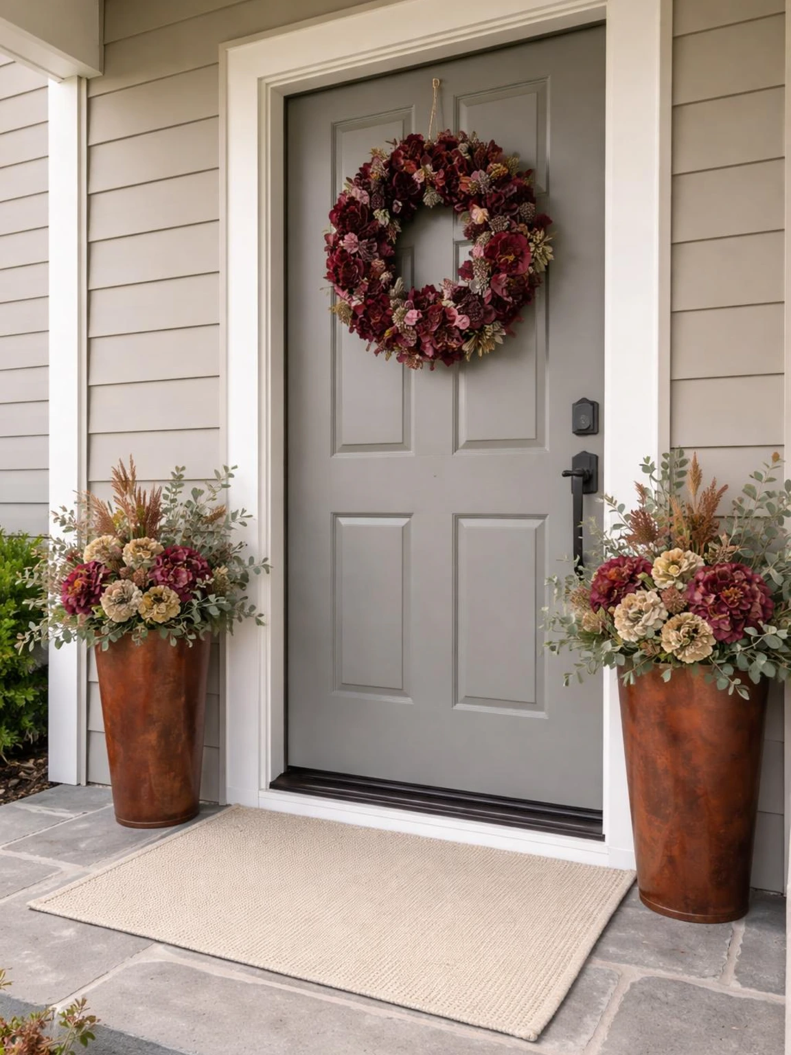 Layered burgundy fall entry with a warm-gray door, rust planters, ivory rug, and muted-green foliage on a compact porch
