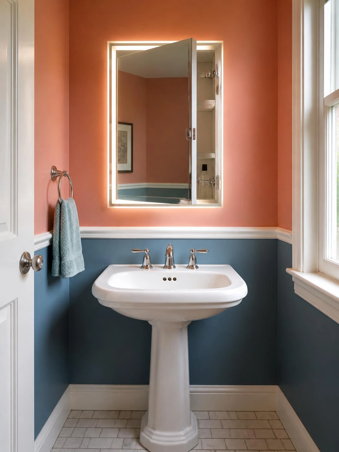 Recessed lighted medicine cabinet with LED perimeter strip glowing around mirrored door, flush-mounted above pedestal sink on coral bathroom wall