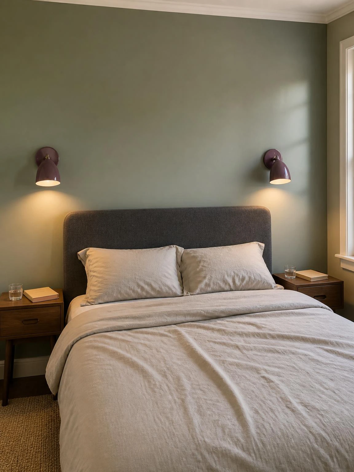Two matching plug-in ceramic wall sconces mounted symmetrically on sage-green walls beside a charcoal linen headboard, freeing nightstand space in a couple's bedroom