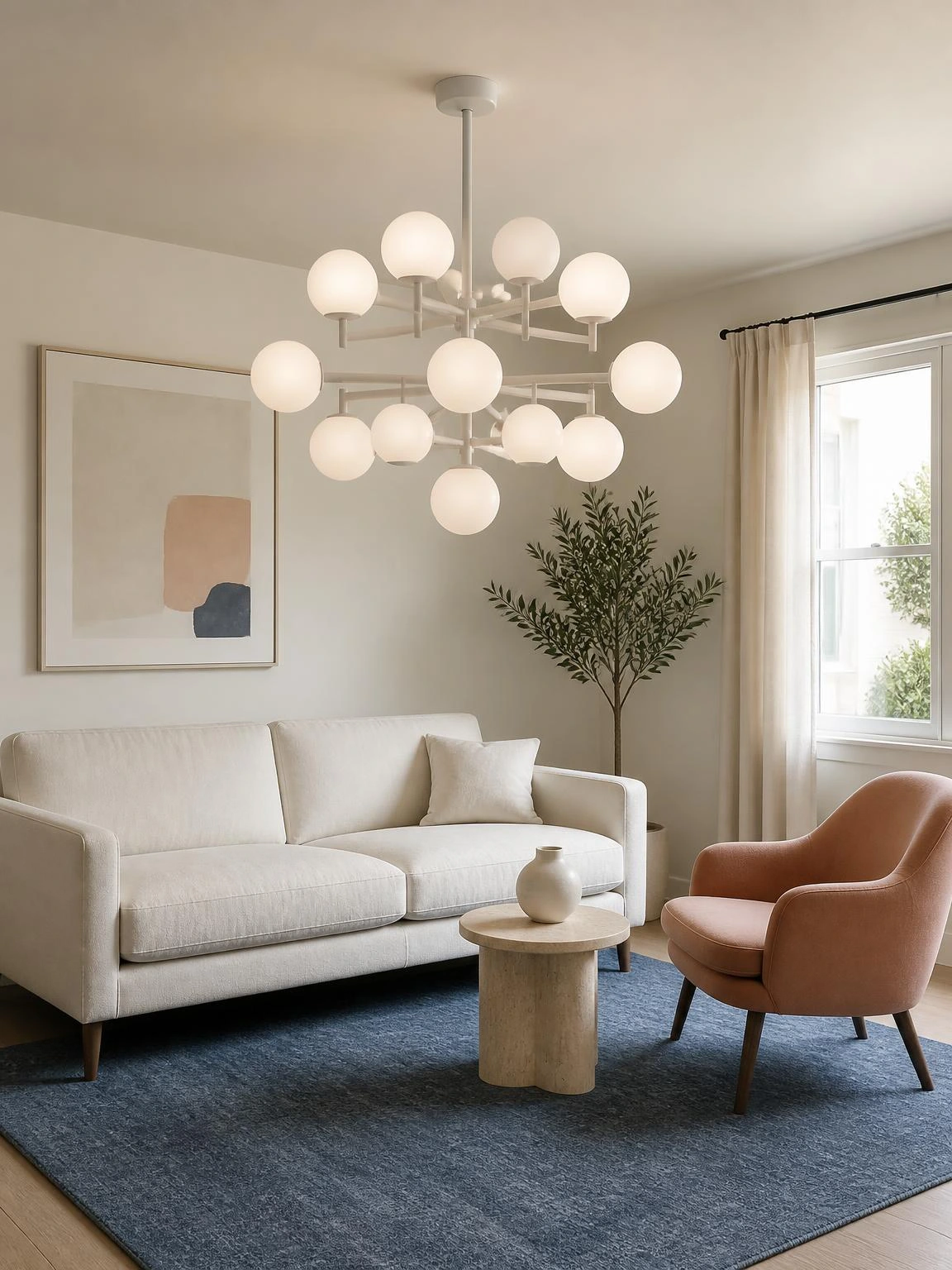 Matte white globe chandelier with opal globes above an ivory sofa, coral chair, and blue rug in a calm contemporary living room.