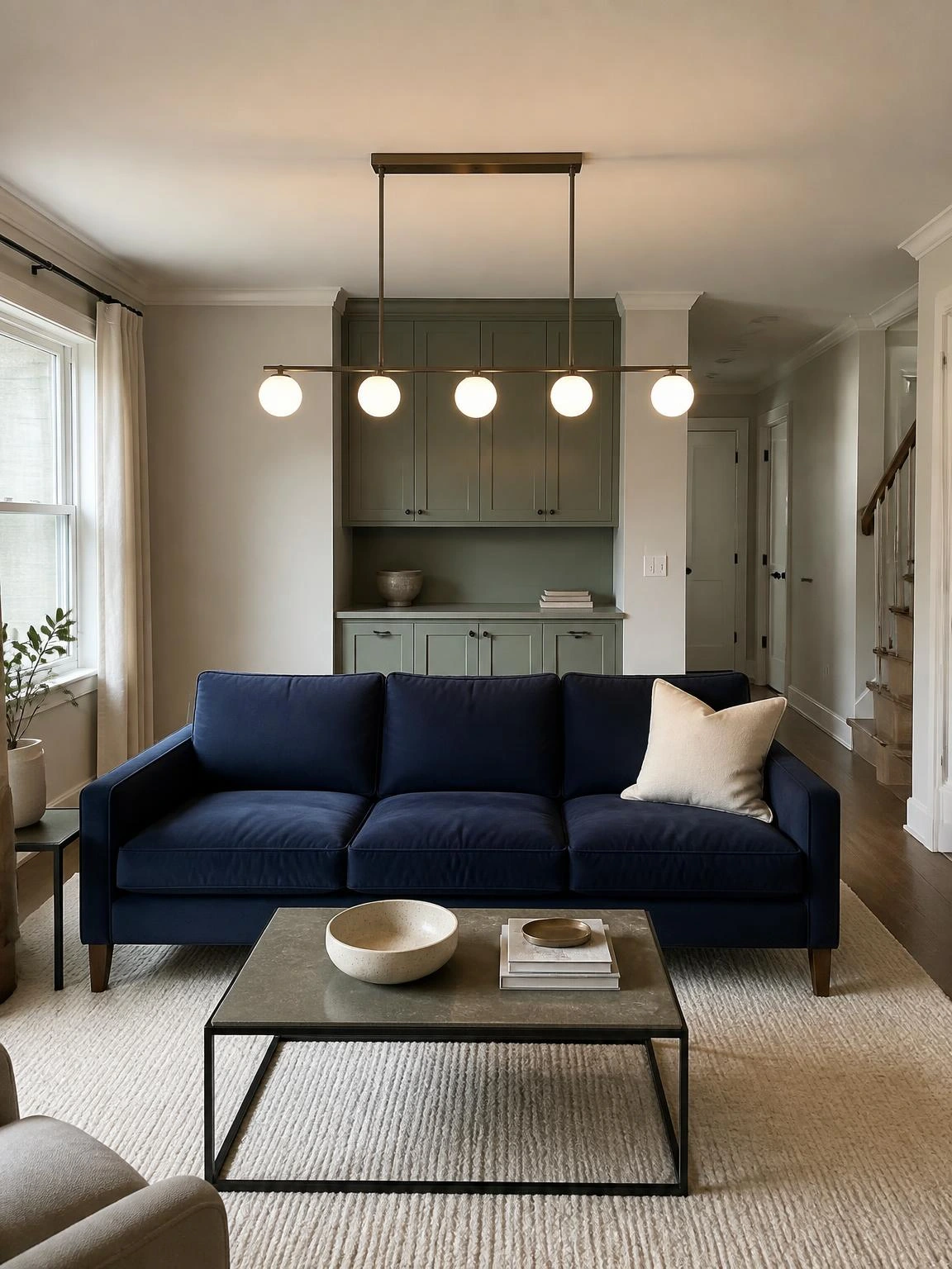 Minimalist linear globe chandelier over a navy sofa and ivory rug, offering balanced lighting for practical living room design