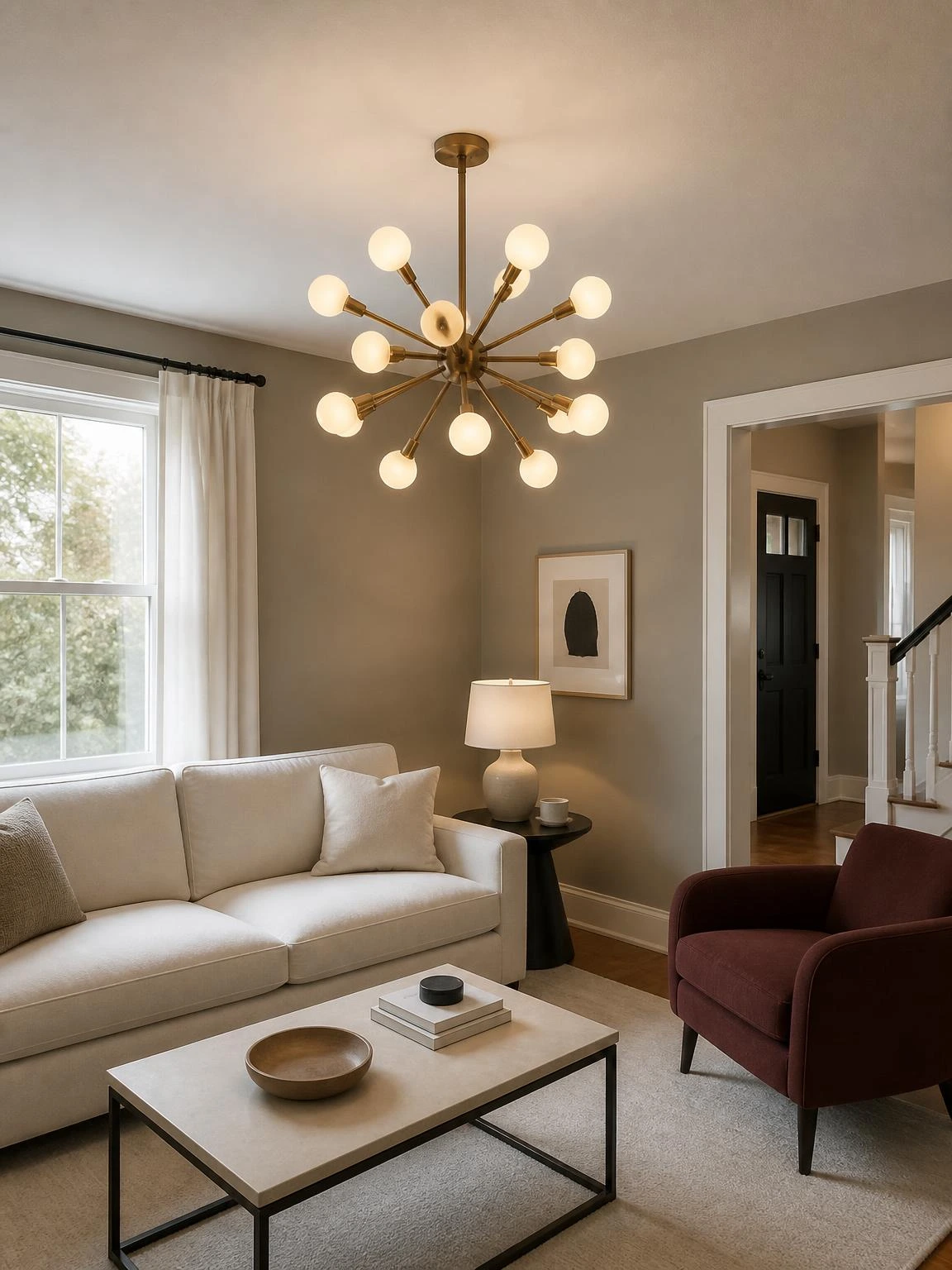 Modern sputnik chandelier with glowing opal globes above a pale sofa, showing a sculptural focal point for living room chandelier ideas