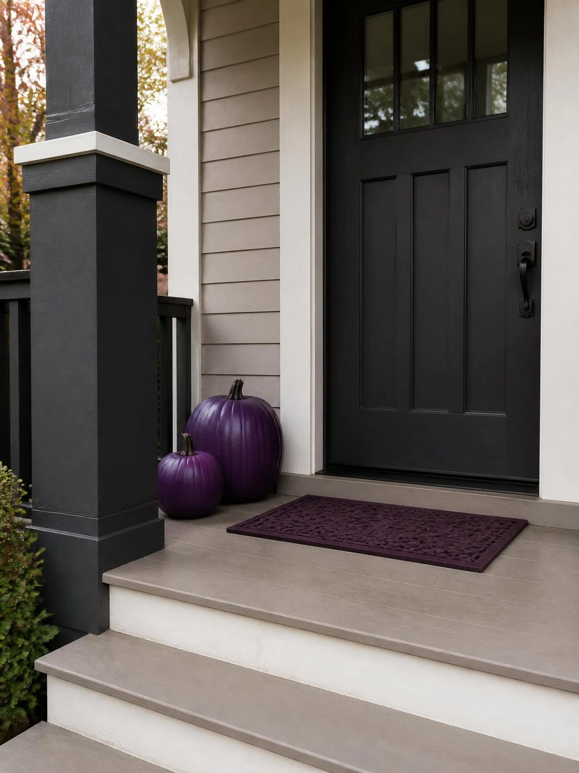 14- Monochrome Purple Porch with Deep Violet Pumpkins - halloween porch ideas for small spaces