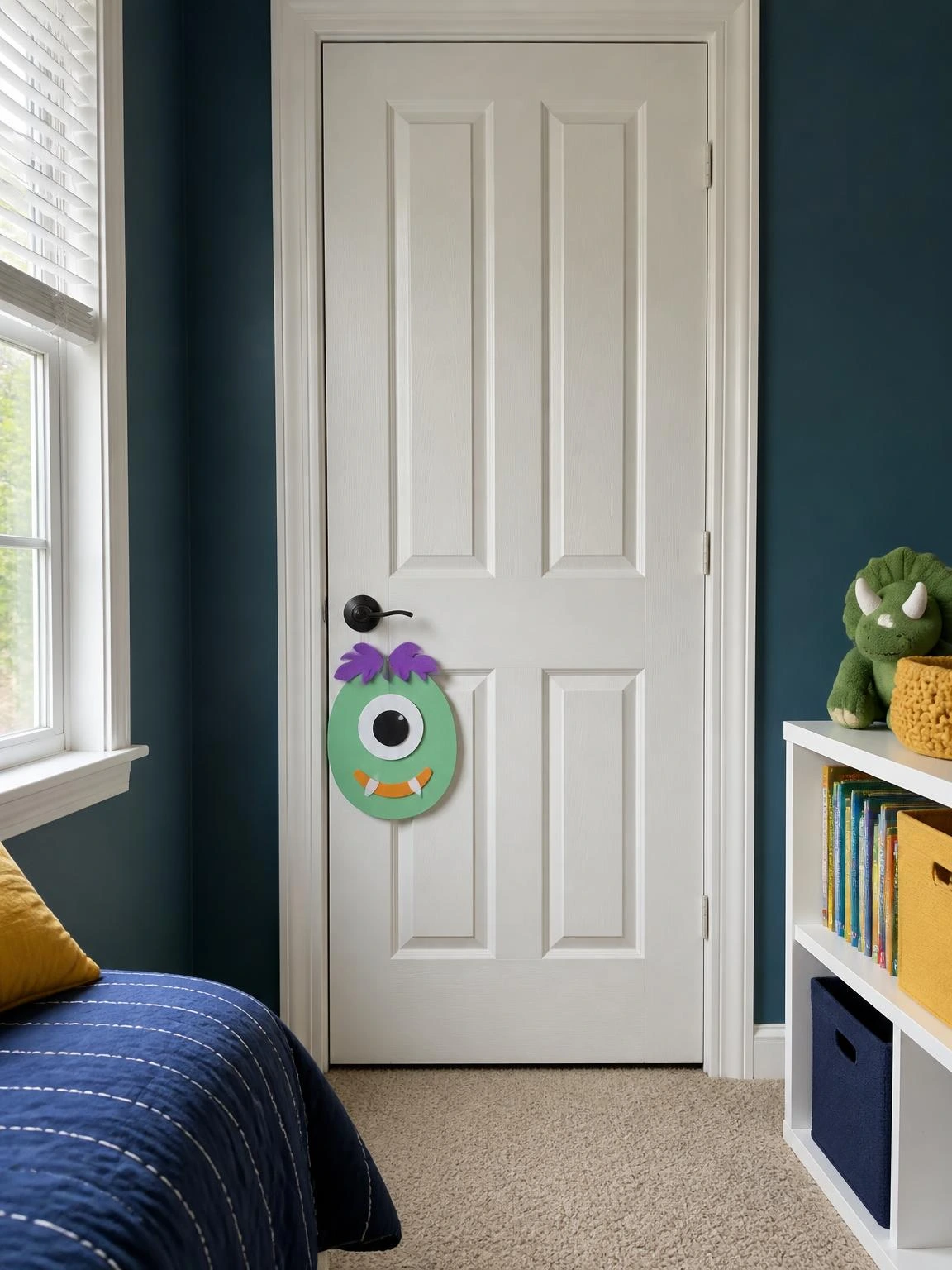 Friendly green monster door hanger on a child’s bedroom door, a lightweight Halloween crafts DIY project with felt details