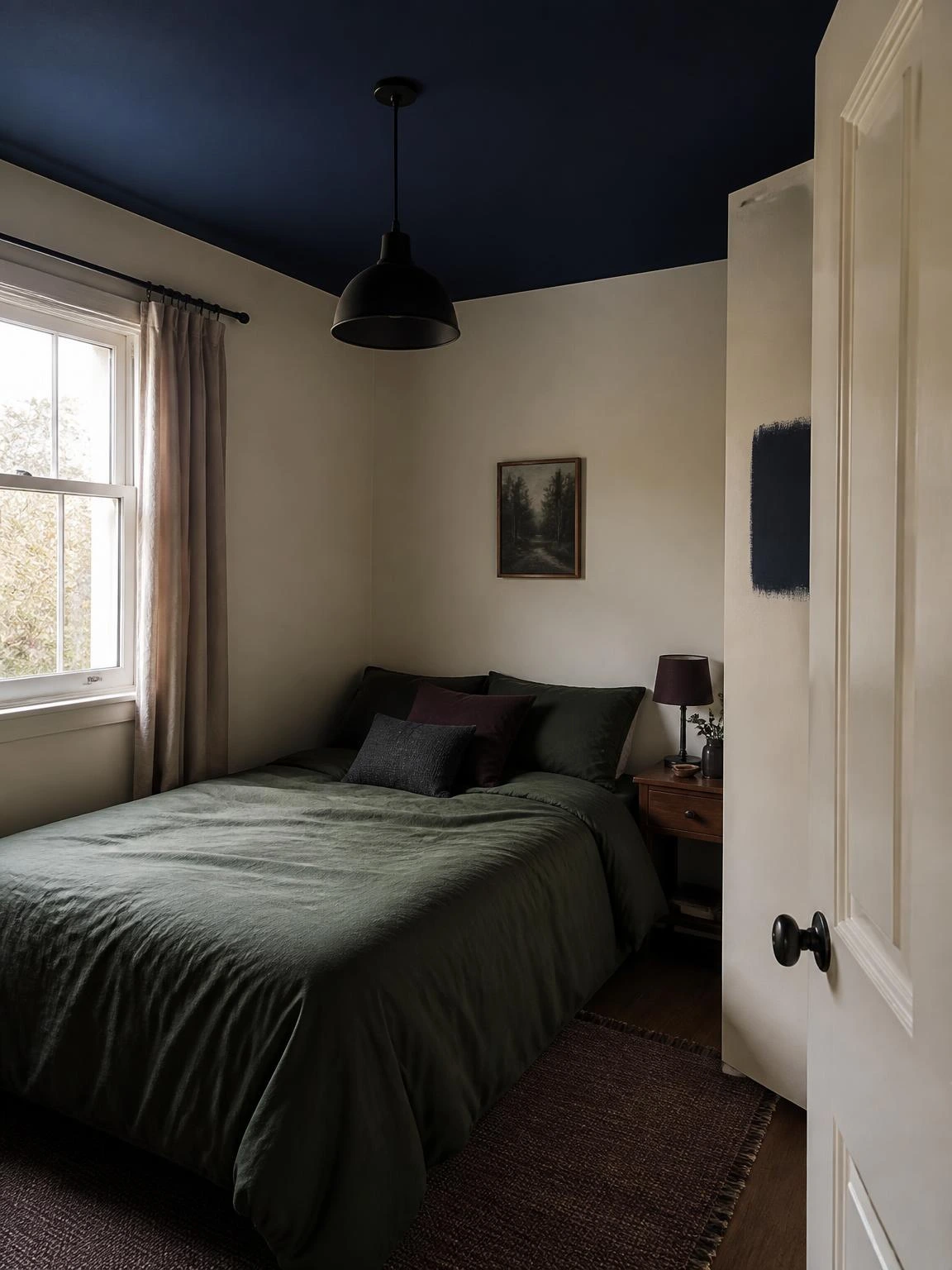 Deep navy ceiling paint transforms a small Halloween aesthetic bedroom, contrasting ivory walls, green bedding, and black pendant lighting.