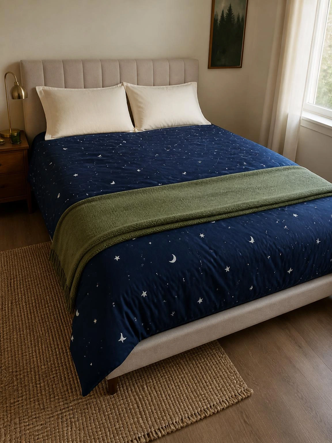 Navy moon-and-star bedding anchors a practical Halloween aesthetic bedroom with ivory pillows and a muted green cotton throw.
