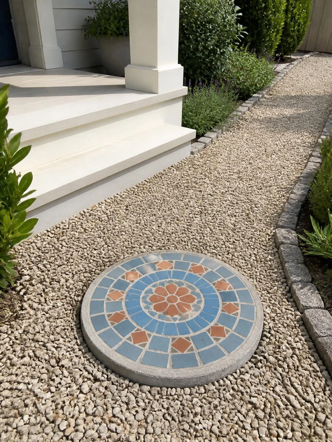 Mosaic garden stepping stone with dusty-blue and terracotta tiles set level in a gravel path beside a warm-white porch