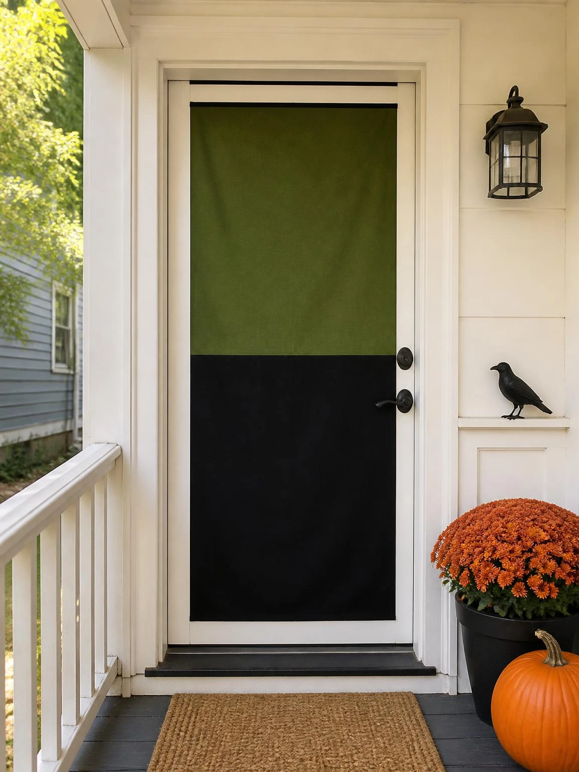 15- Moss Green and Black Color-Blocked Door Panel - halloween porch ideas for small spaces