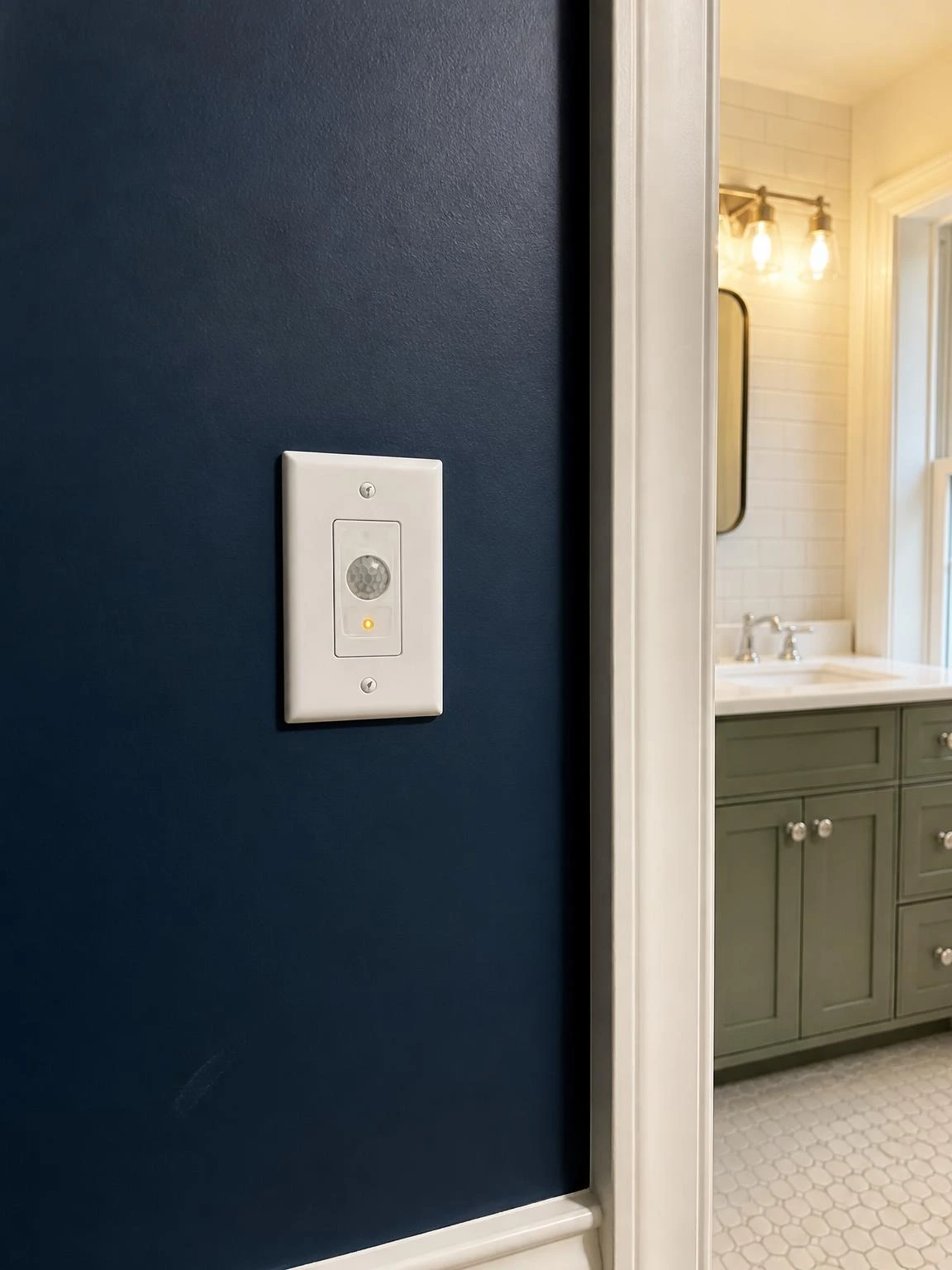 White occupancy sensor switch plate mounted on navy bathroom wall, amber indicator LED glowing, vanity lights already triggered by motion sensor