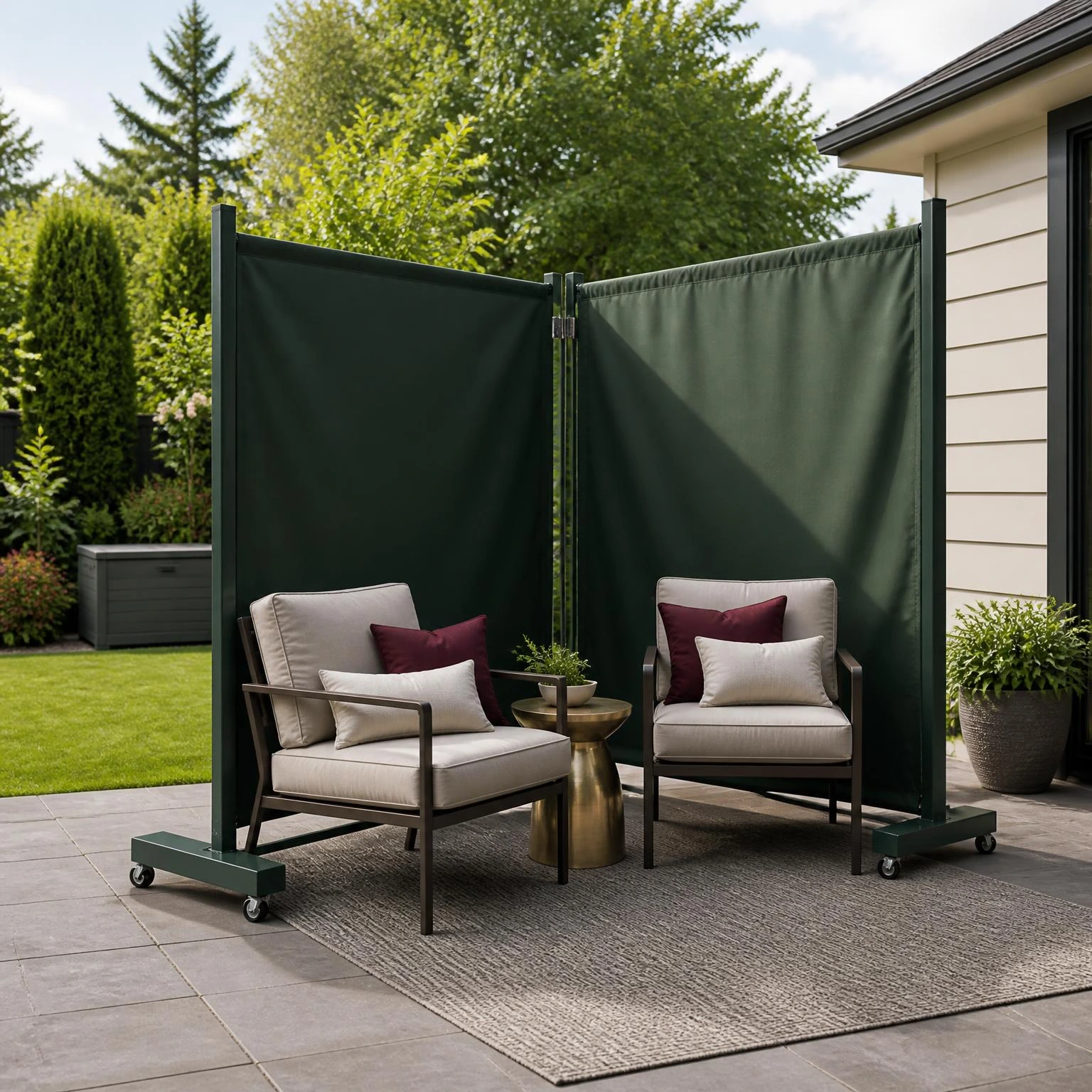 Forest-green movable privacy panels form a flexible V-shaped backdrop behind lounge chairs on a garden patio.