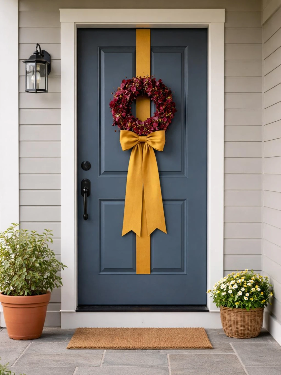 Mustard fall door ribbon frames a burgundy wreath on a charcoal-blue porch door, highlighting renter-friendly seasonal decor.