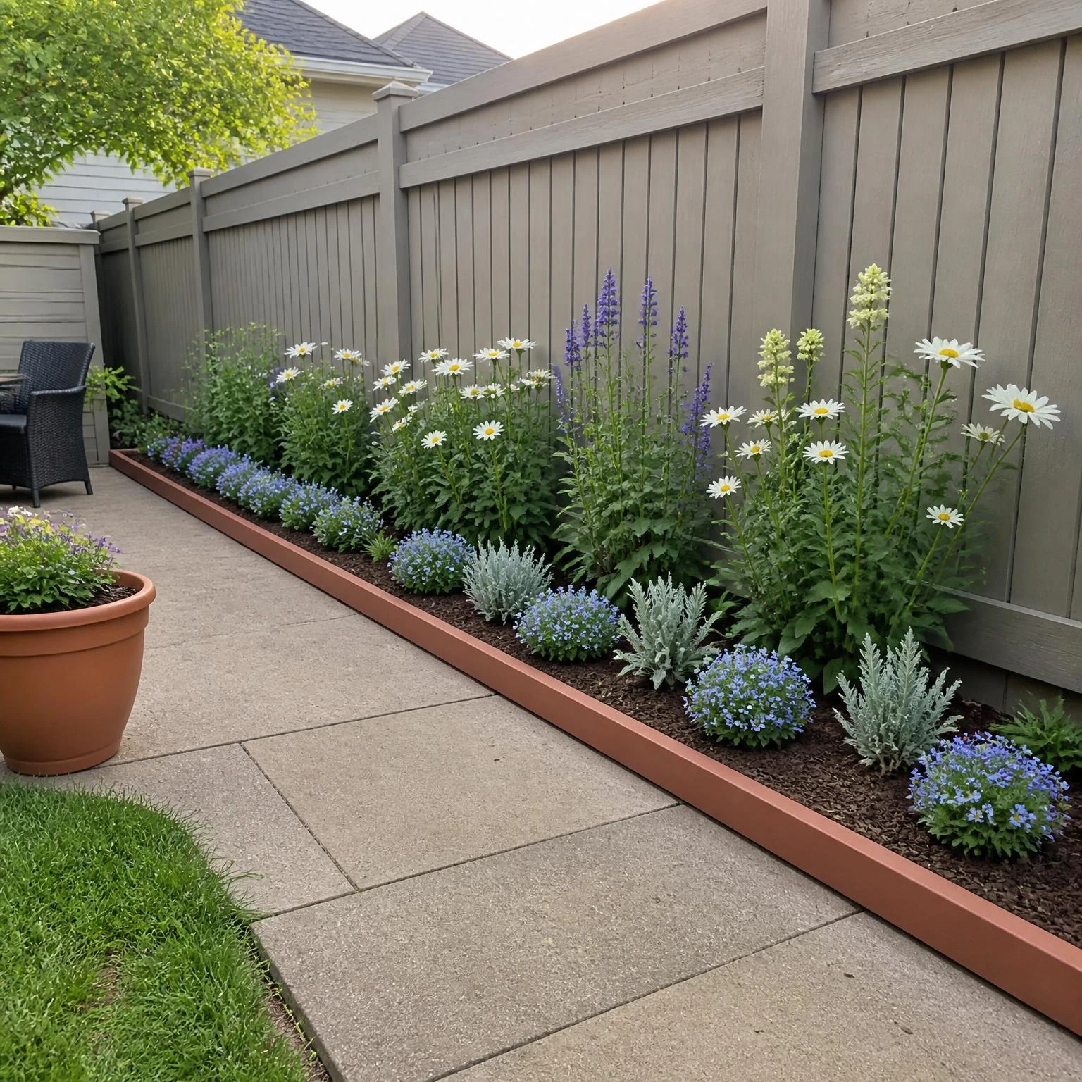 Narrow border garden with tiered blooms, timber edging, and a clear walkway in a compact backyard