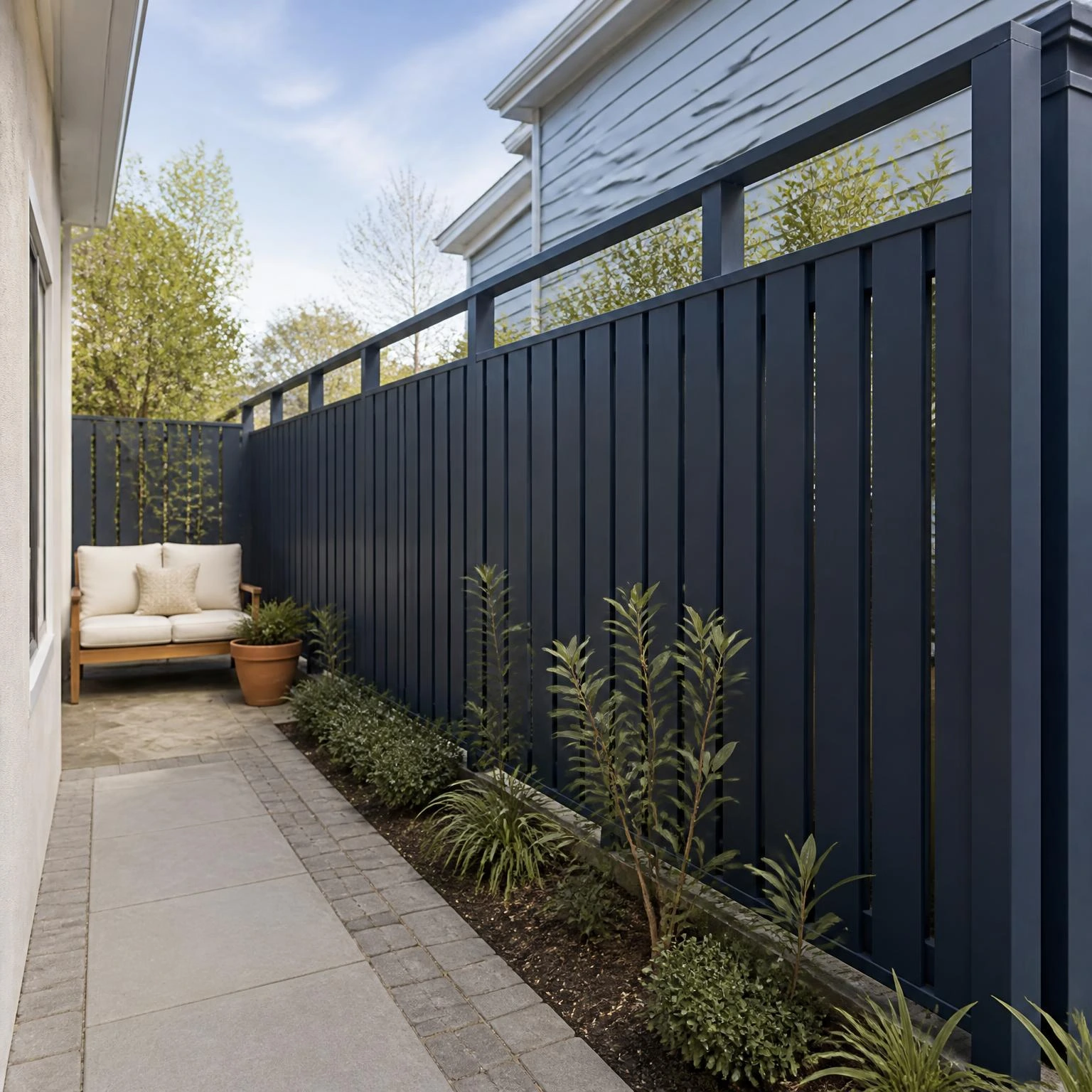 Narrow side-yard privacy screen with navy vertical boards, open sky gap, slim planting, and ivory seating along a paved route