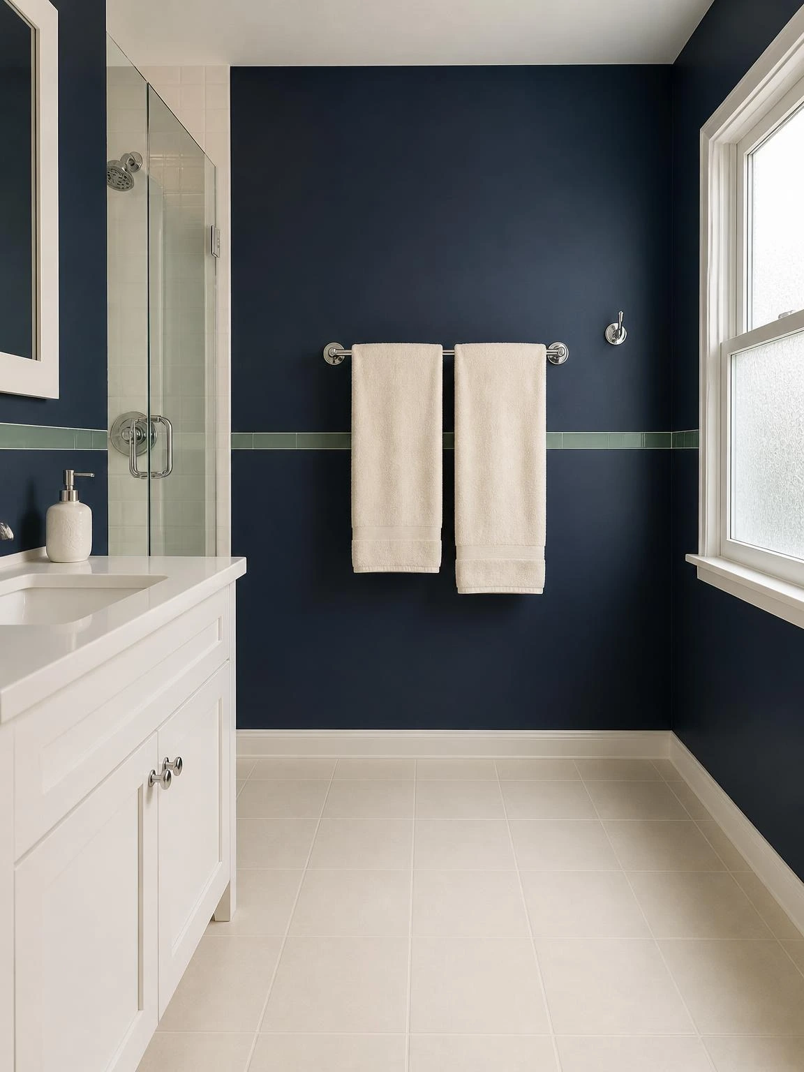 Navy bathroom with ivory ceramic floor and matching monochrome towels folded neatly on a chrome bar, showing minimal home decor in a bold, calming palette