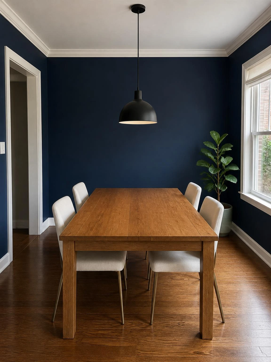 Navy dining room with bare honey-toned wood table centered under a matte-black pendant, ivory chairs and crisp trim keeping the minimal decor grounded