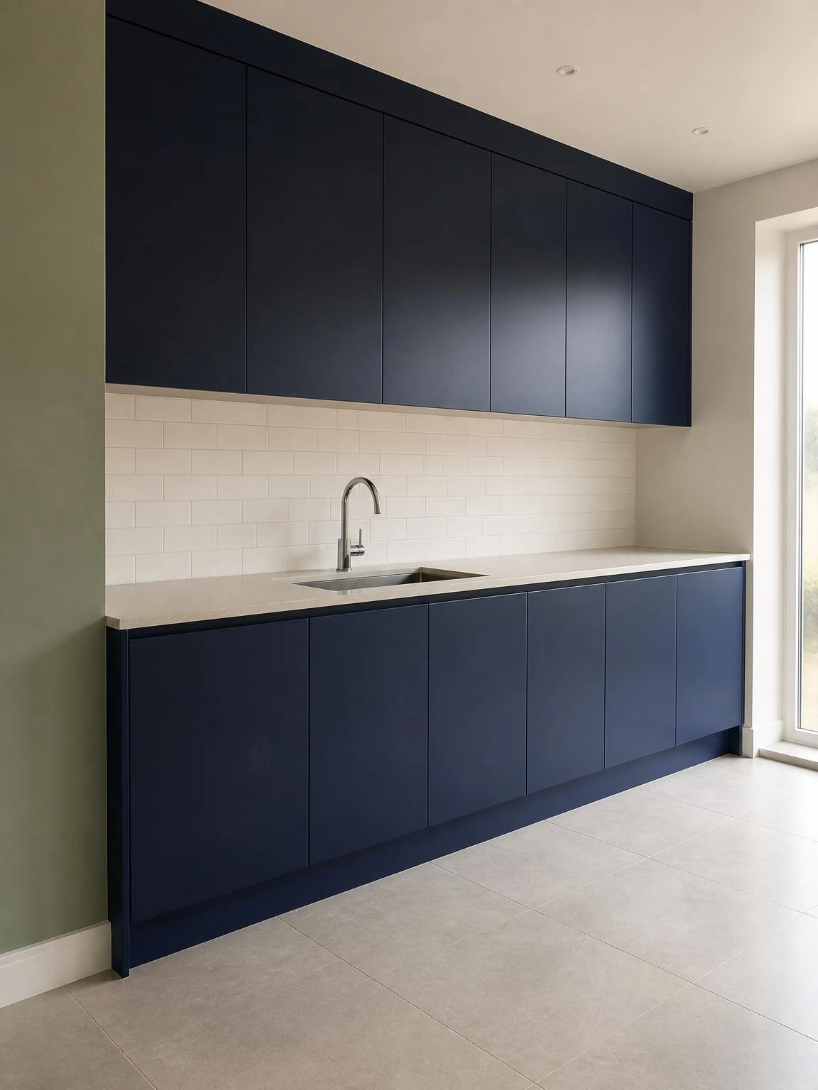 Navy handleless flat-front cabinets covering a full kitchen wall in deep satin finish, paired with ivory countertop and subway tile backsplash for a minimal kitchen look