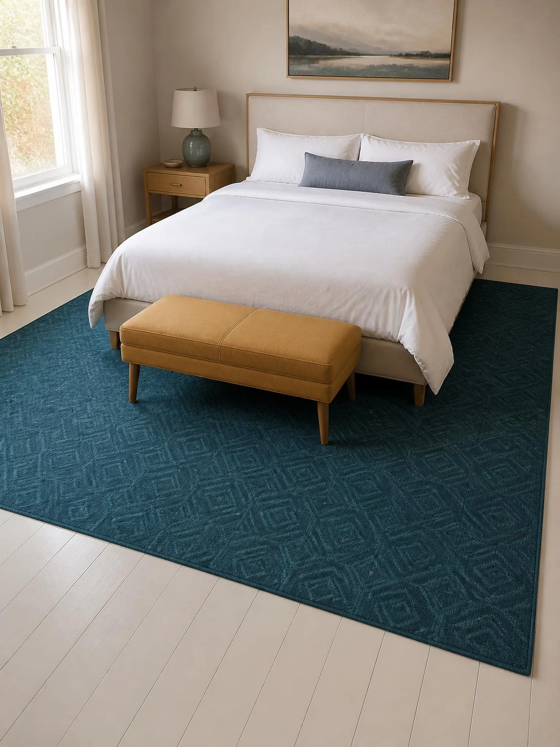 Deep teal geometric area rug extending two feet beyond a queen bed on all sides, anchoring couple room decor with a mustard bench and white bedding