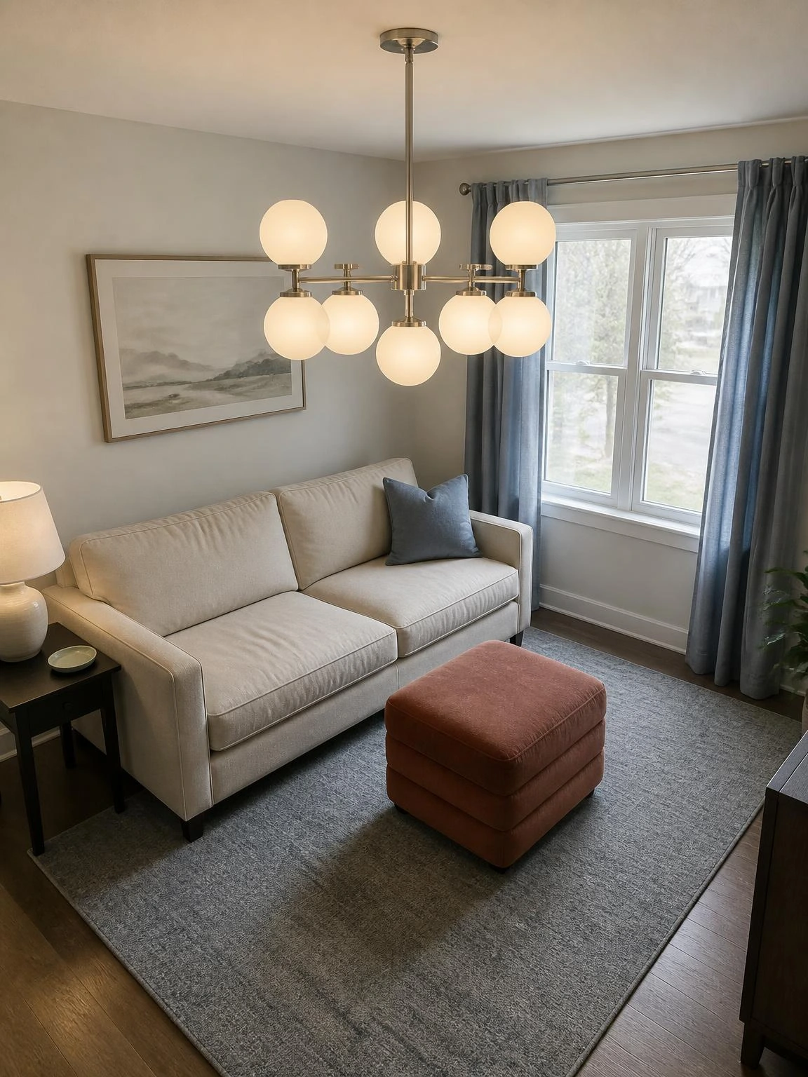 Opal globe chandelier ideas show a satin-nickel fixture glowing above a neutral sofa and rust ottoman in a calm living room