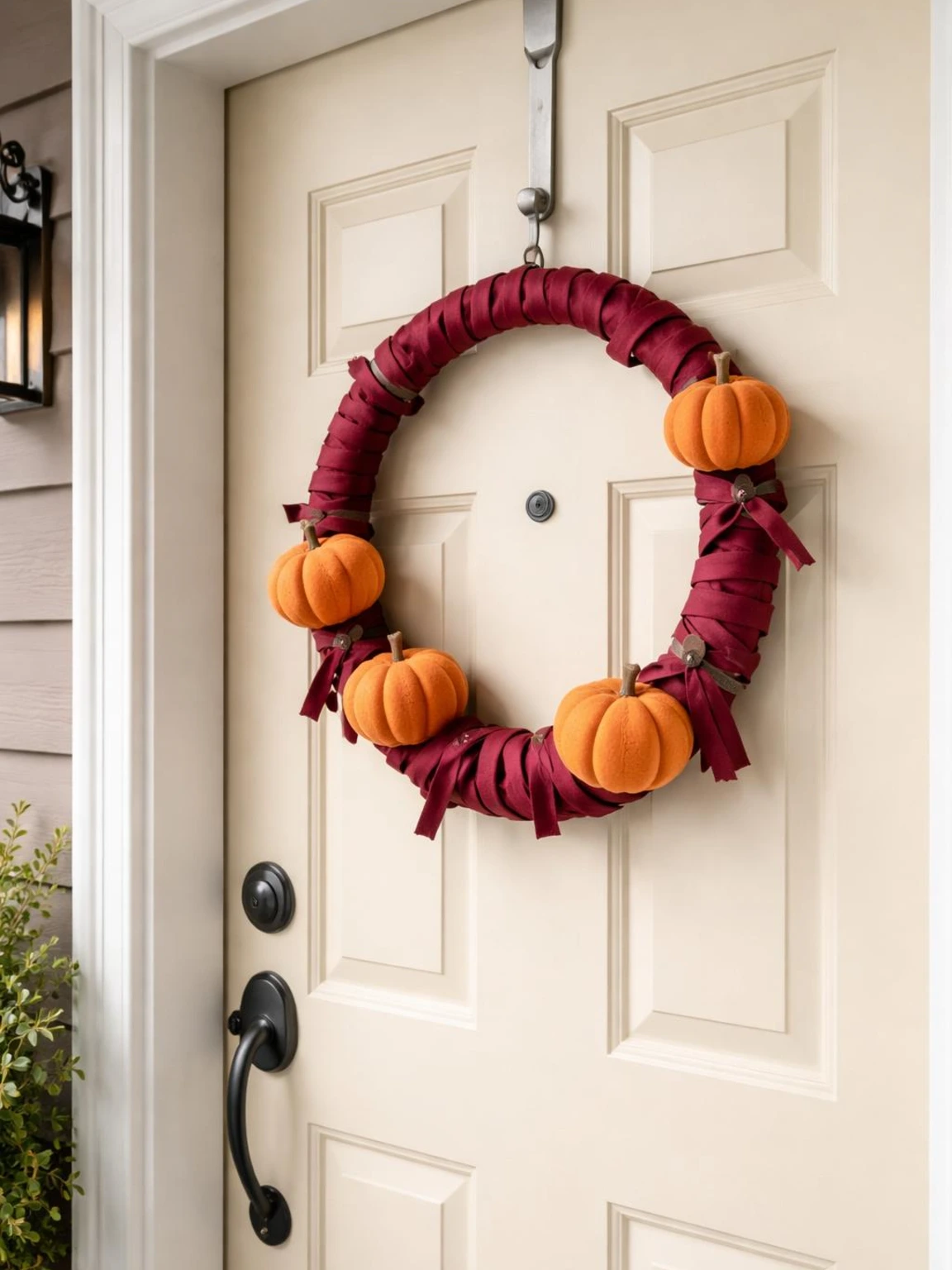 Orange and burgundy DIY Halloween door wreath with felt pumpkins hanging on an ivory front door