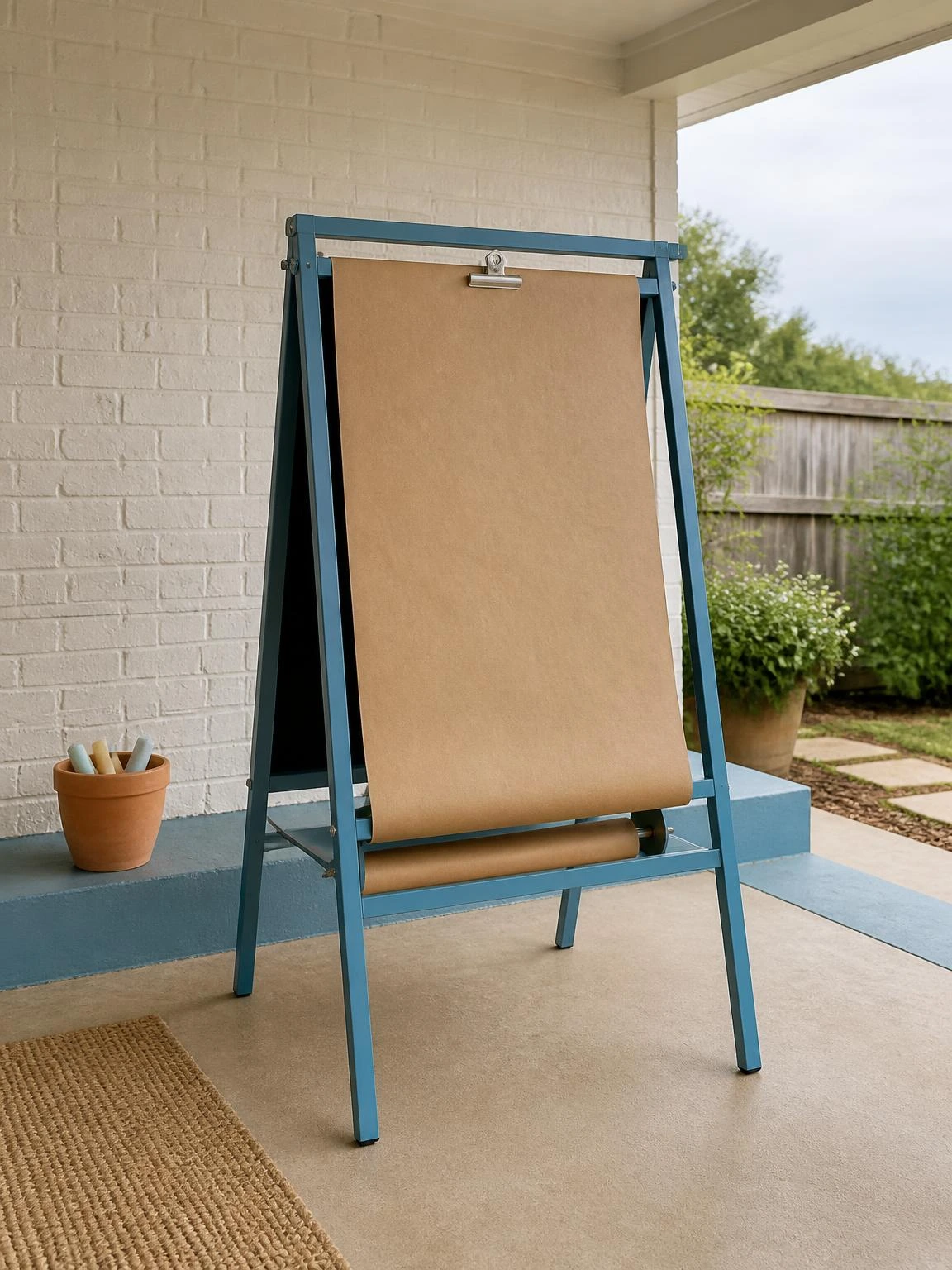 Dusty blue powder-coated double-sided kids art easel on a covered backyard patio, with kraft paper roll and chalkboard panel ready for outdoor creative play