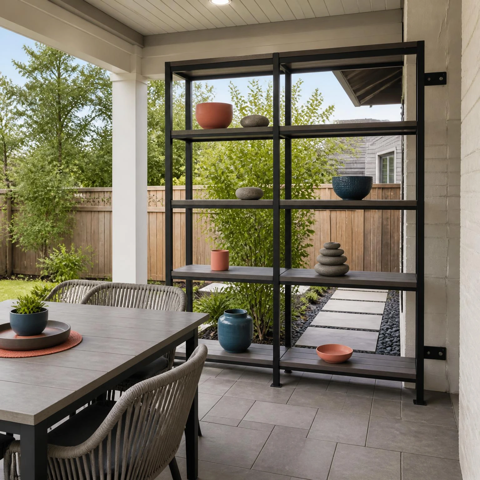 Outdoor bookcase screen separates a patio dining area from a side passage while preserving light and airflow without a fence